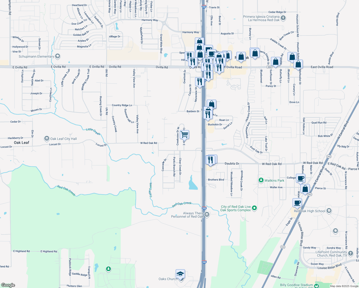 map of restaurants, bars, coffee shops, grocery stores, and more near 106 Creekview Dr W in Red Oak