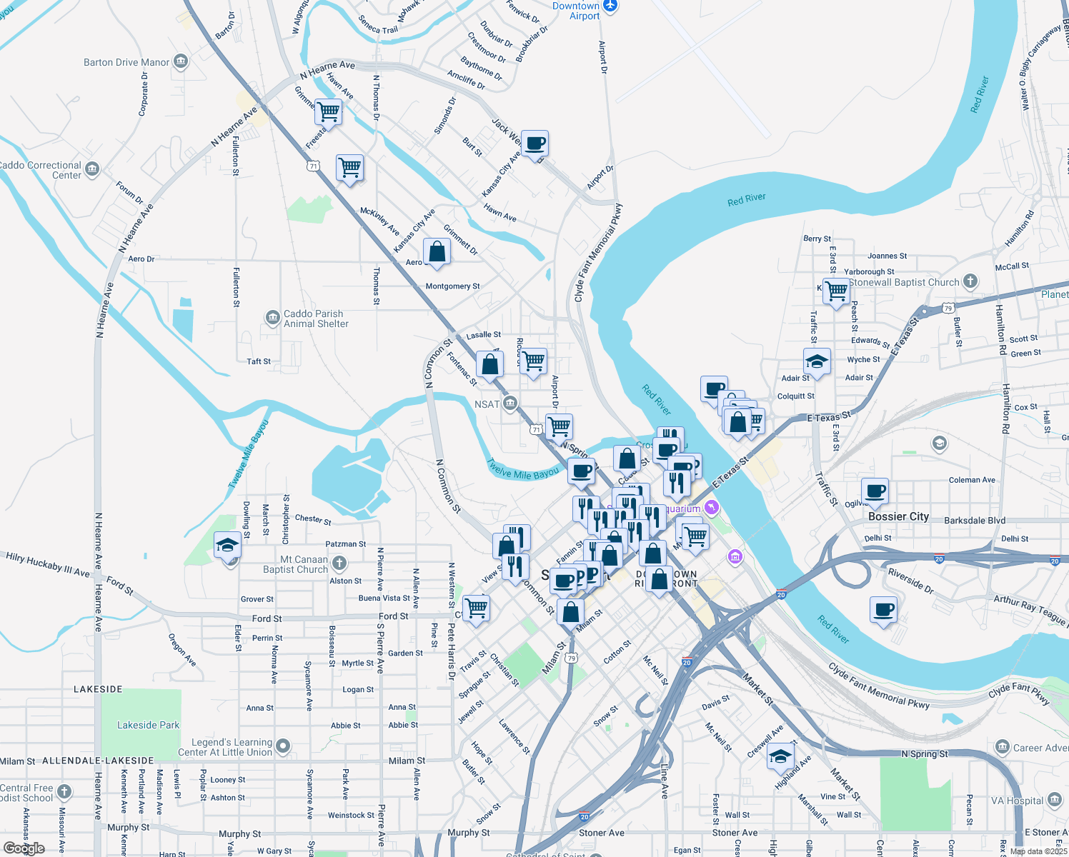 map of restaurants, bars, coffee shops, grocery stores, and more near 145 North Market Street in Shreveport