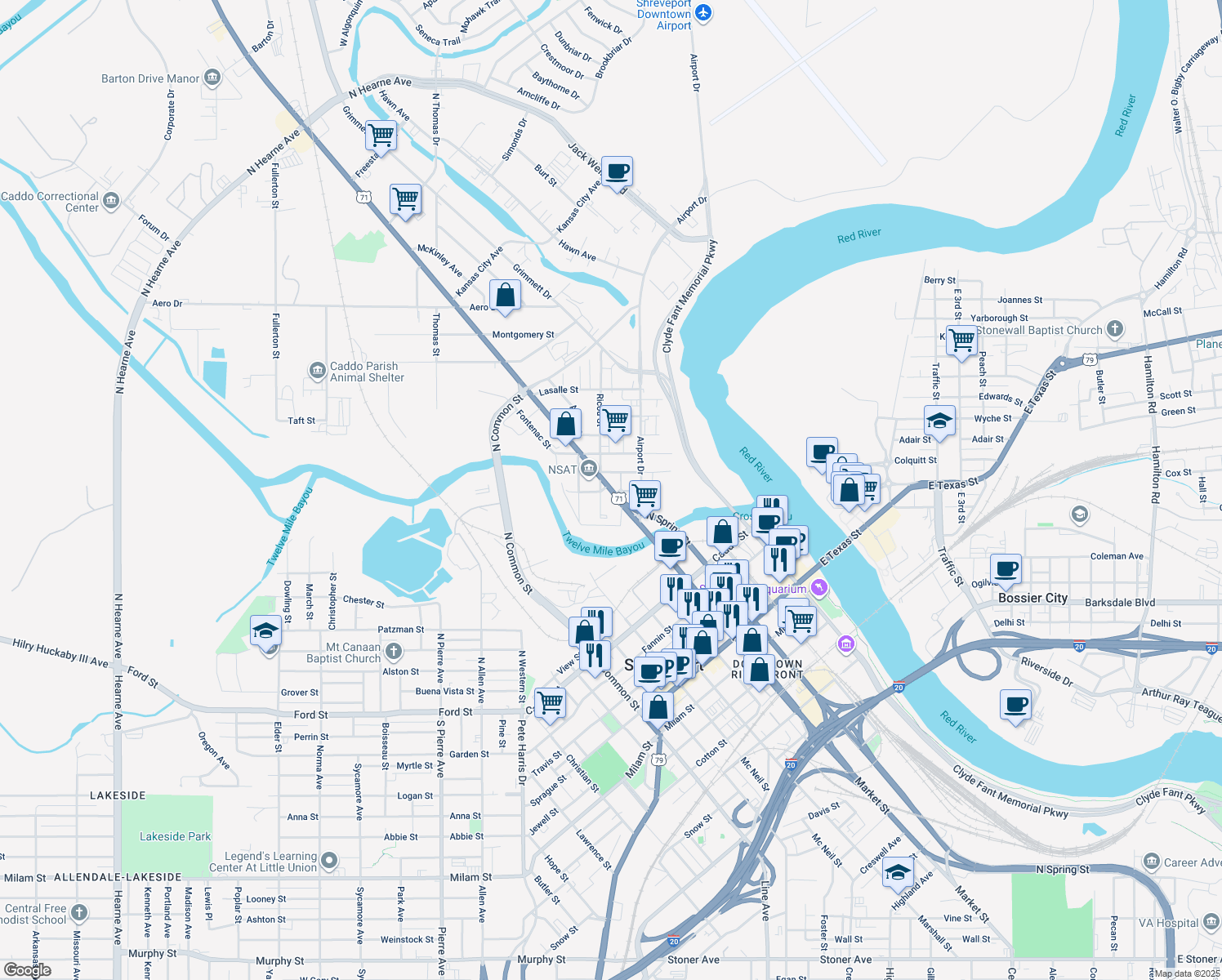 map of restaurants, bars, coffee shops, grocery stores, and more near 175 North Market Street in Shreveport