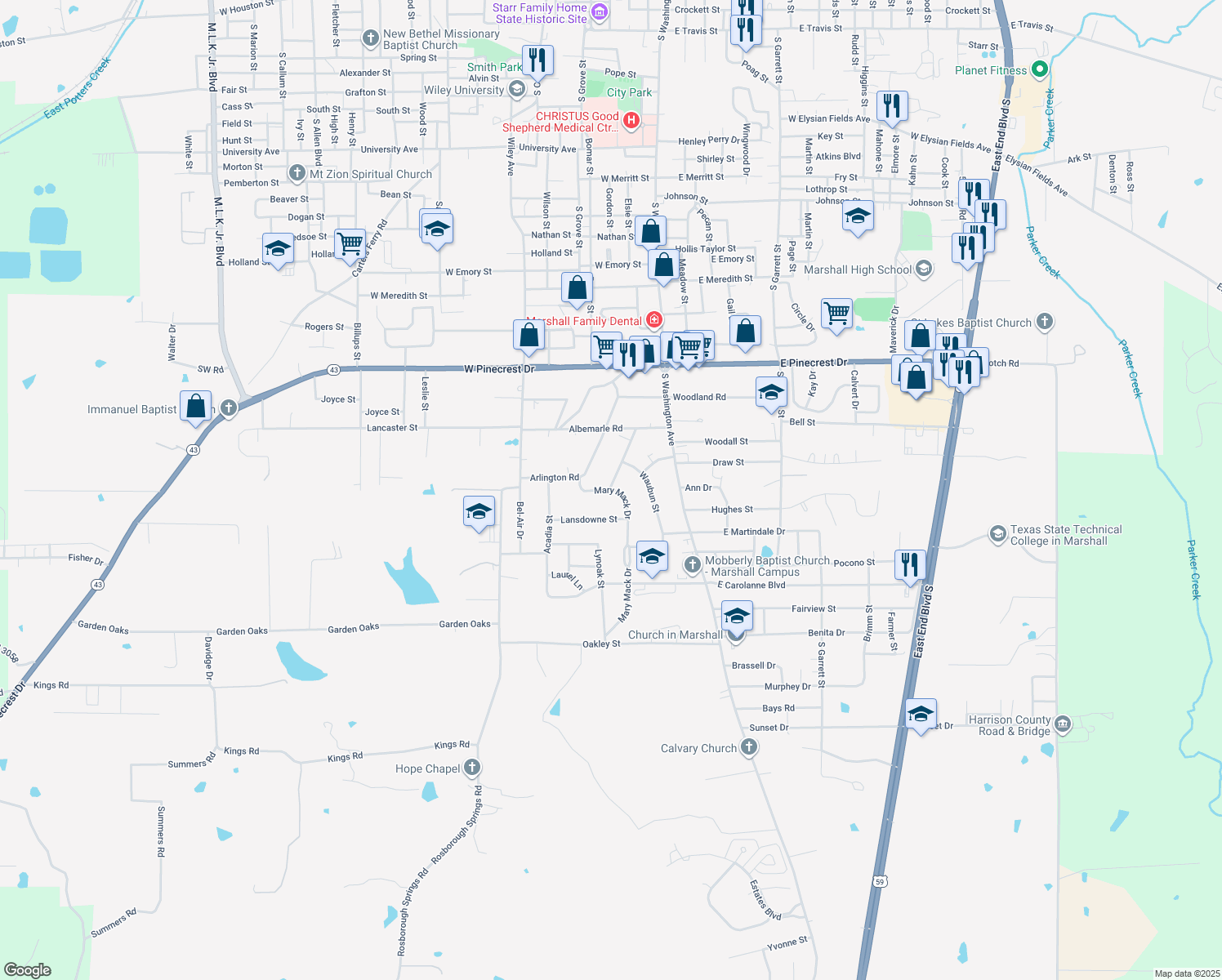 map of restaurants, bars, coffee shops, grocery stores, and more near 2818 Mary Mack Dr in Marshall
