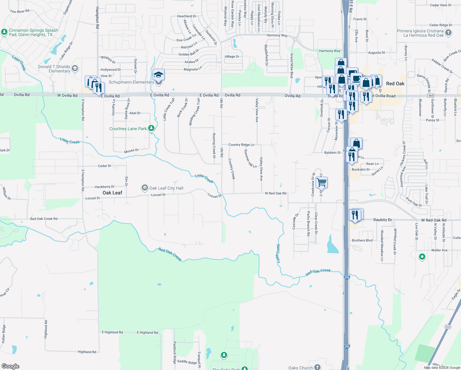 map of restaurants, bars, coffee shops, grocery stores, and more near 935 Country Creek Ln in Red Oak