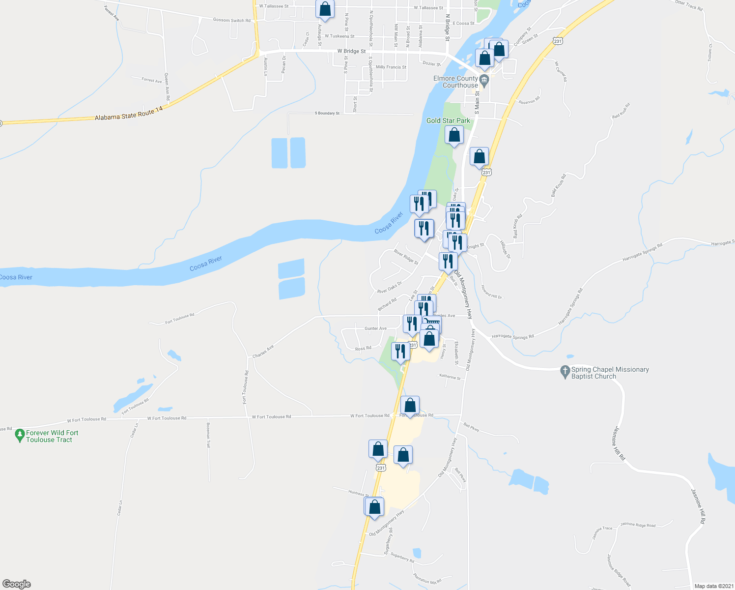 map of restaurants, bars, coffee shops, grocery stores, and more near 904 Oak Crest Ct in Wetumpka