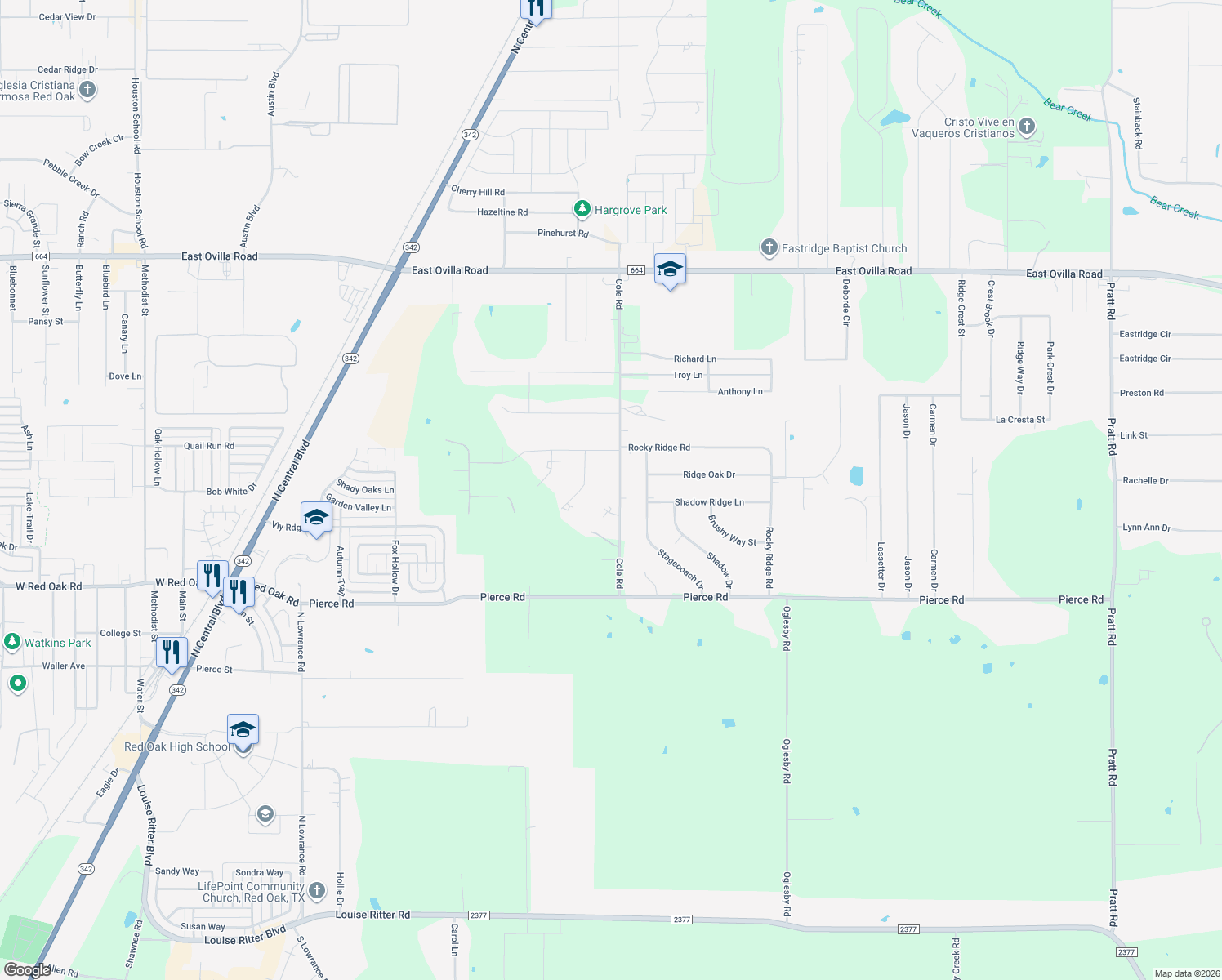 map of restaurants, bars, coffee shops, grocery stores, and more near 123 Cole Road in Red Oak