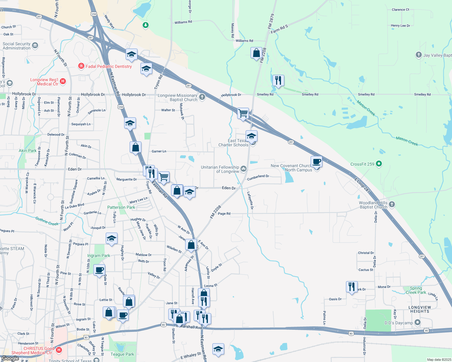 map of restaurants, bars, coffee shops, grocery stores, and more near 1817 Eden Drive in Longview