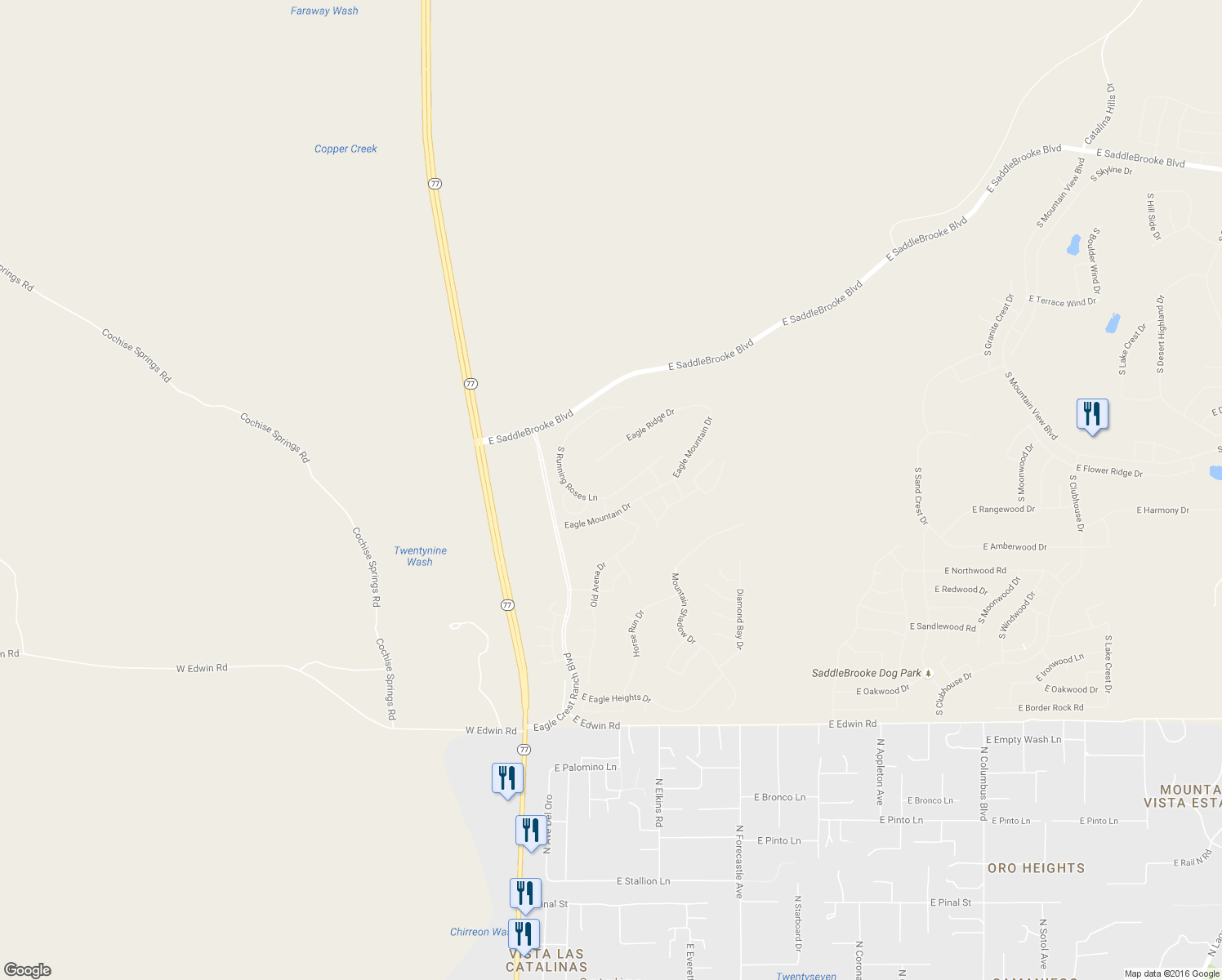 map of restaurants, bars, coffee shops, grocery stores, and more near 38949 Running Roses Lane in Tucson