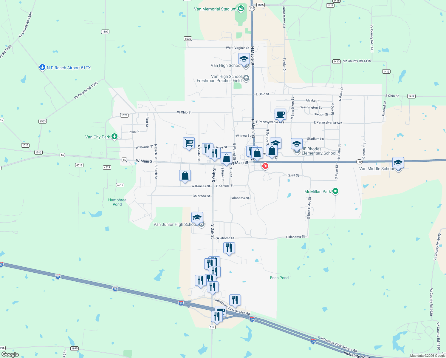 map of restaurants, bars, coffee shops, grocery stores, and more near 213 S Pine St in Van