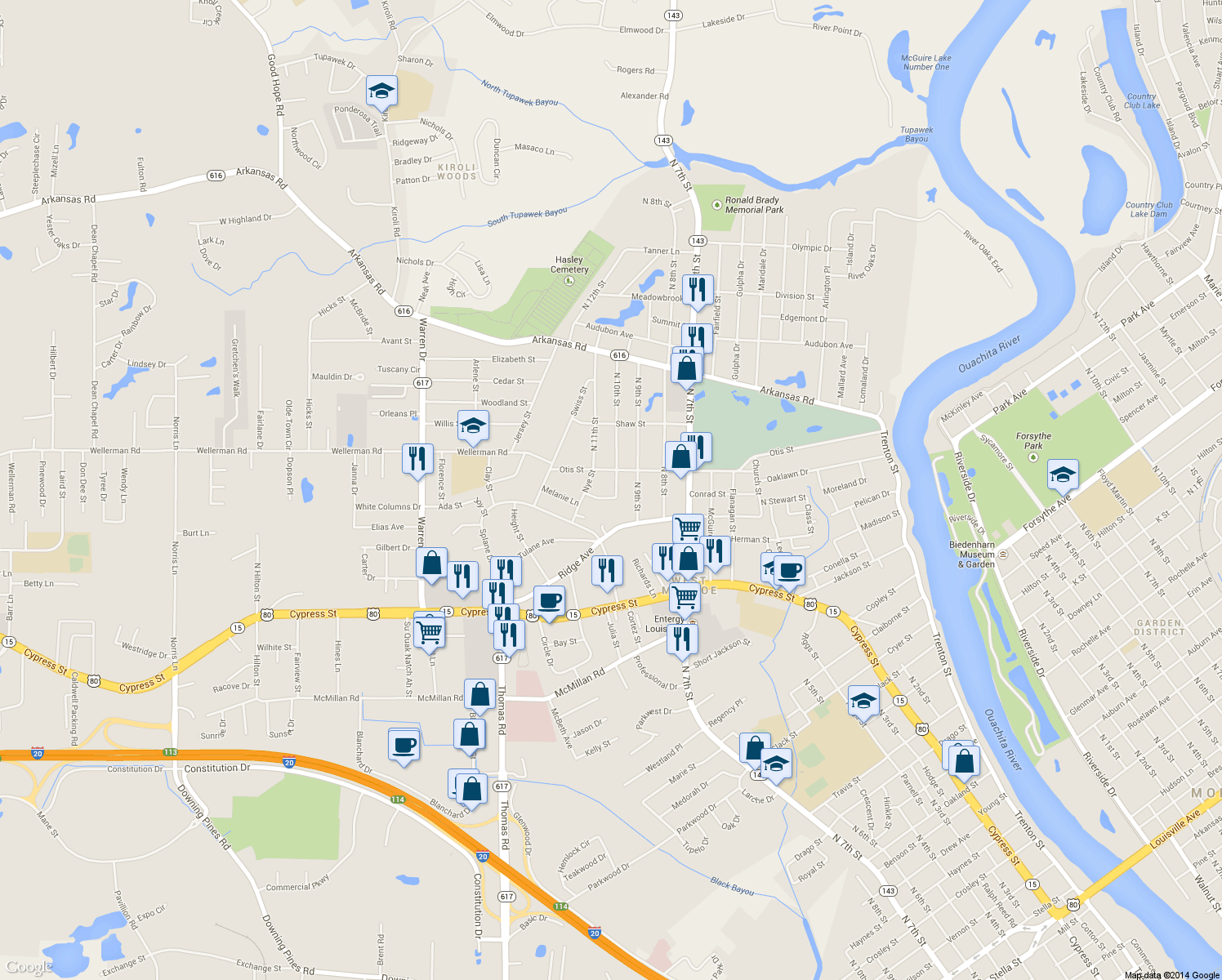 map of restaurants, bars, coffee shops, grocery stores, and more near 1000 Parkwood Dr in West Monroe