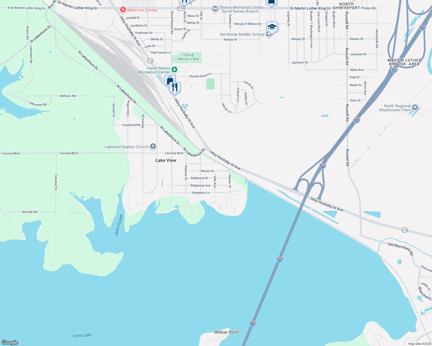 map of restaurants, bars, coffee shops, grocery stores, and more near 4043 Rainer St in Shreveport