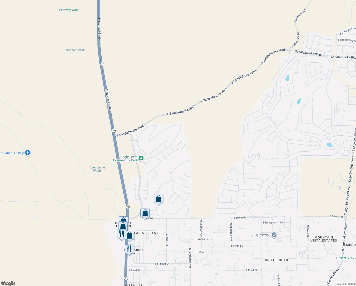 map of restaurants, bars, coffee shops, grocery stores, and more near 60973 Cantle Court in Tucson