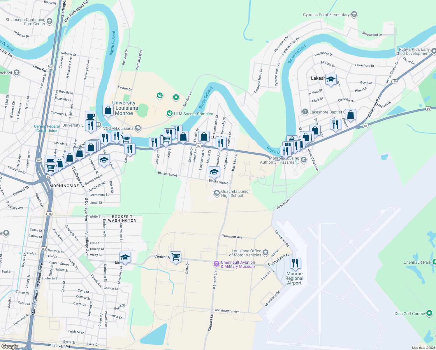 map of restaurants, bars, coffee shops, grocery stores, and more near 129 Glenwood Dr in Monroe