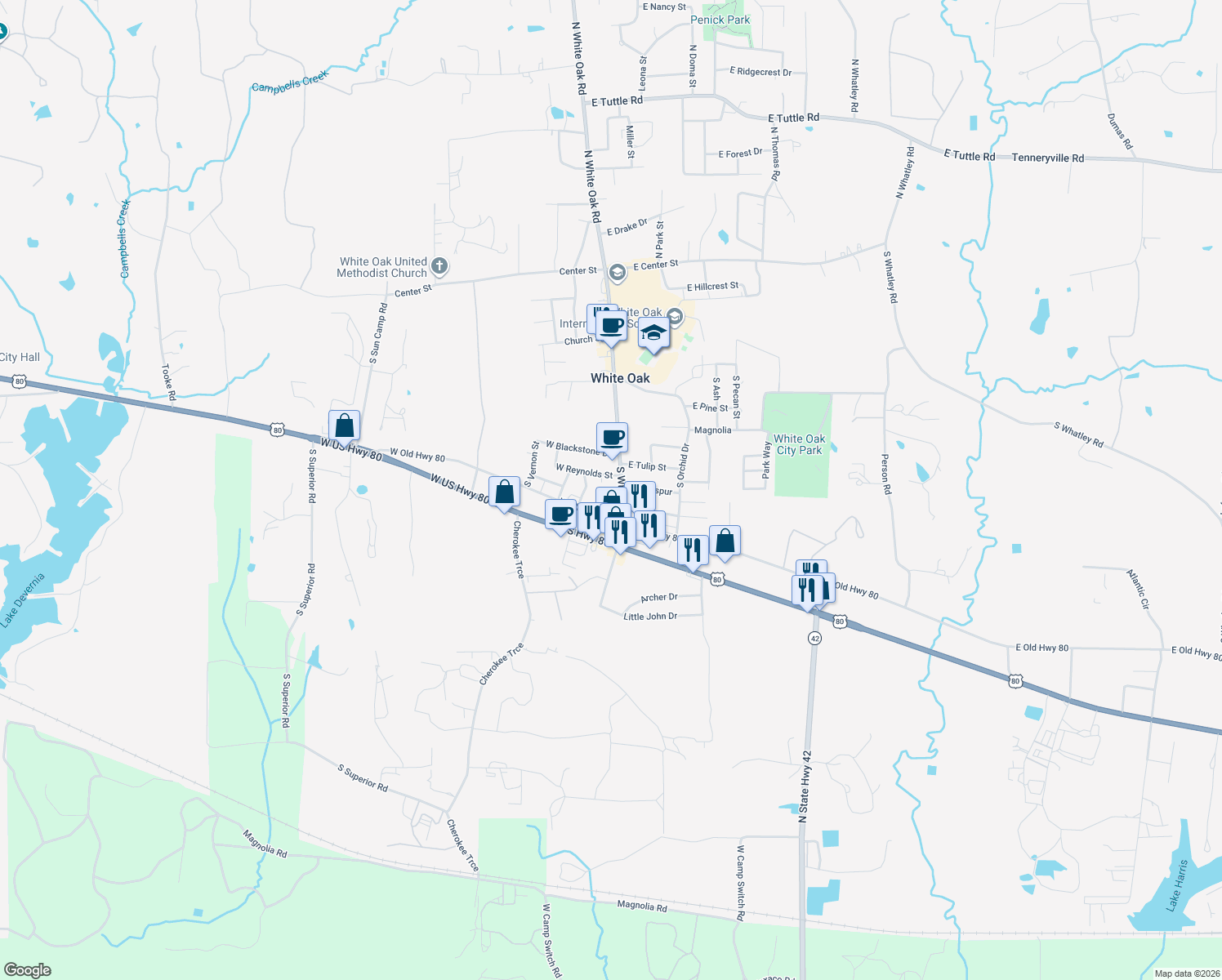 map of restaurants, bars, coffee shops, grocery stores, and more near 703 S White Oak Rd in White Oak