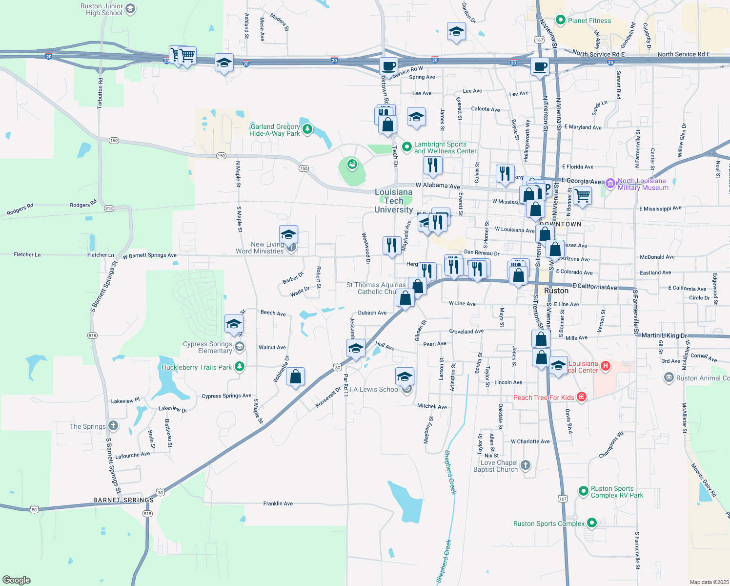 map of restaurants, bars, coffee shops, grocery stores, and more near 1119 Carey Avenue in Ruston