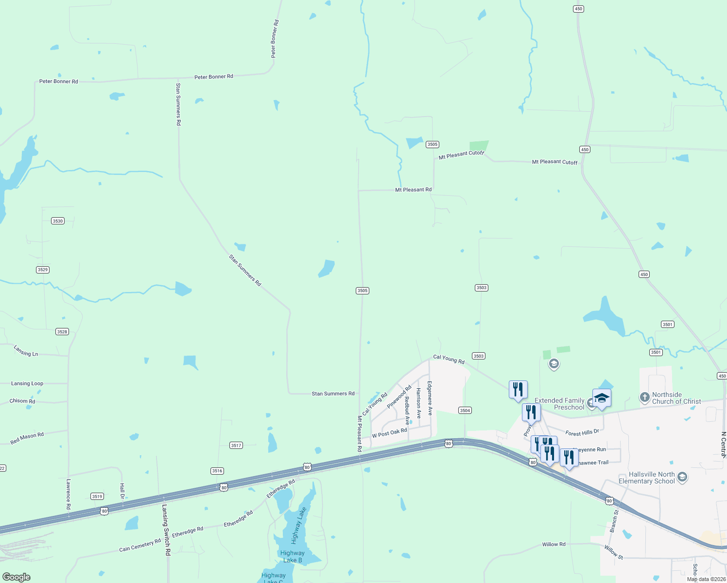 map of restaurants, bars, coffee shops, grocery stores, and more near Mt Pleasant Rd in Hallsville