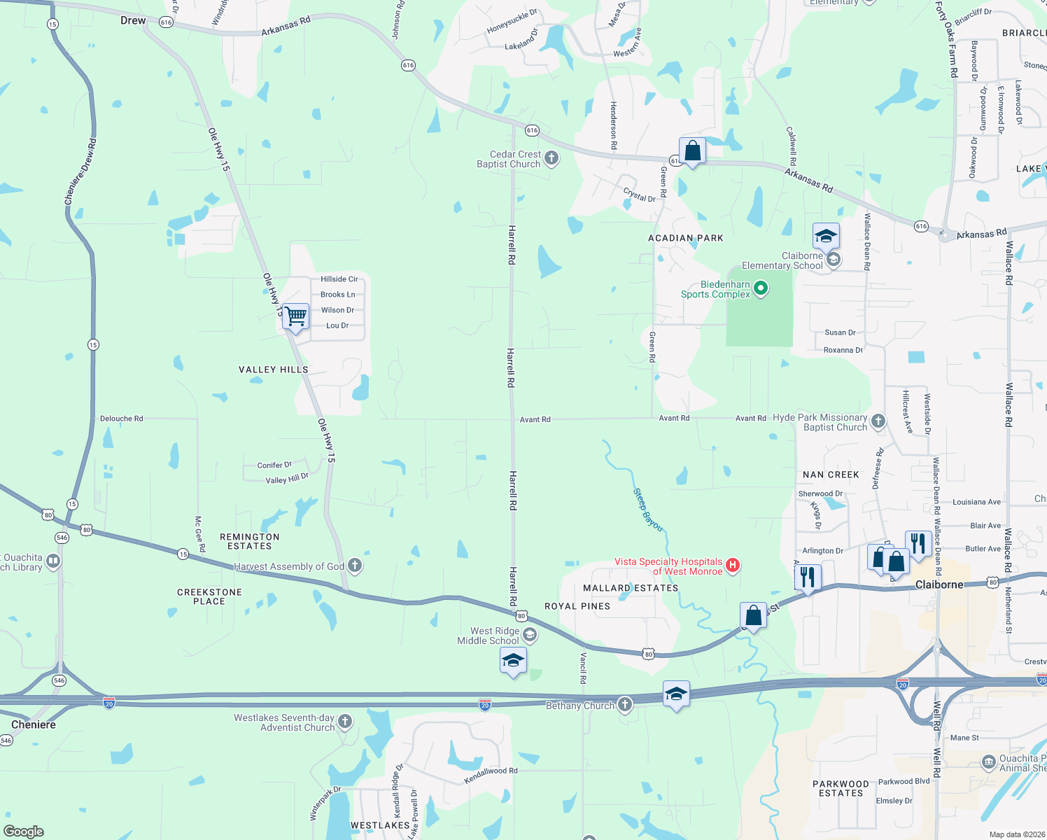 map of restaurants, bars, coffee shops, grocery stores, and more near 1204 Avant Rd in West Monroe