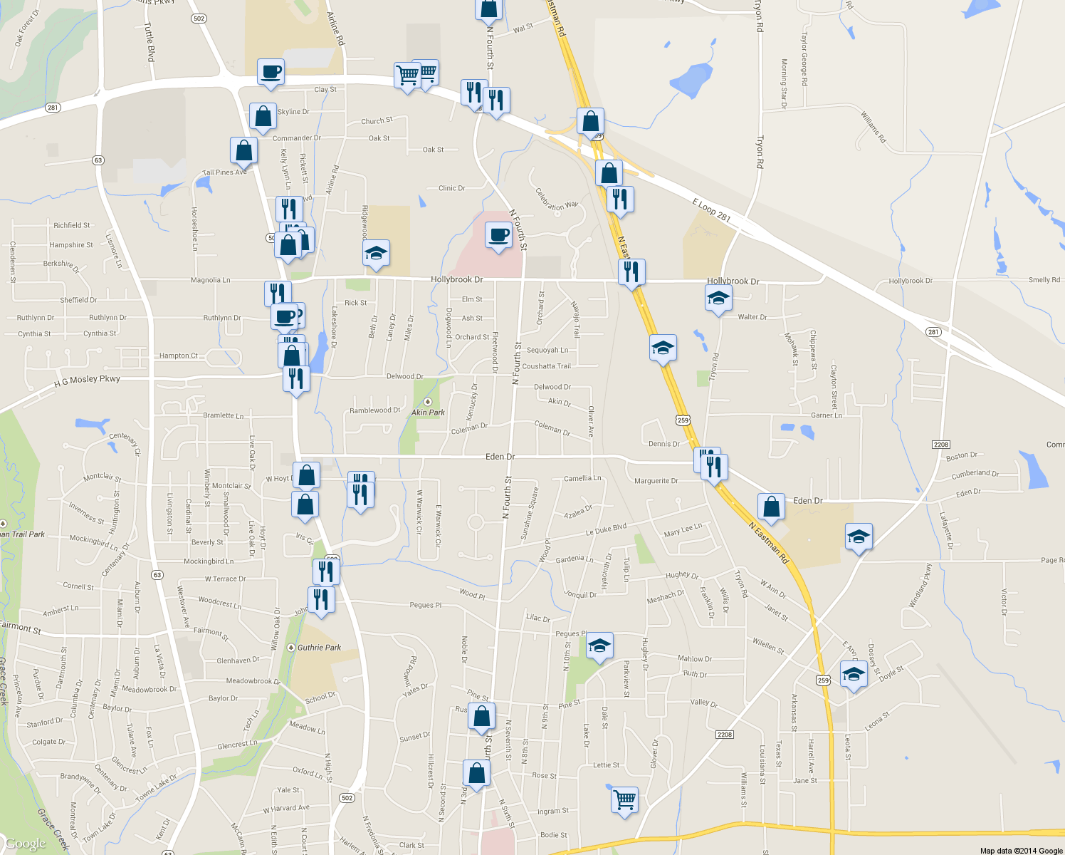 map of restaurants, bars, coffee shops, grocery stores, and more near 906 Coleman Drive in Longview