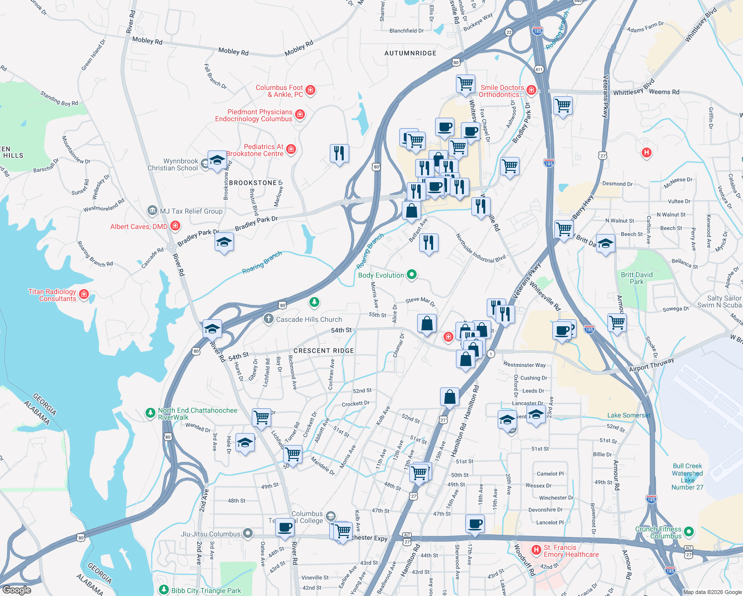 map of restaurants, bars, coffee shops, grocery stores, and more near 5613 Morris Avenue in Columbus