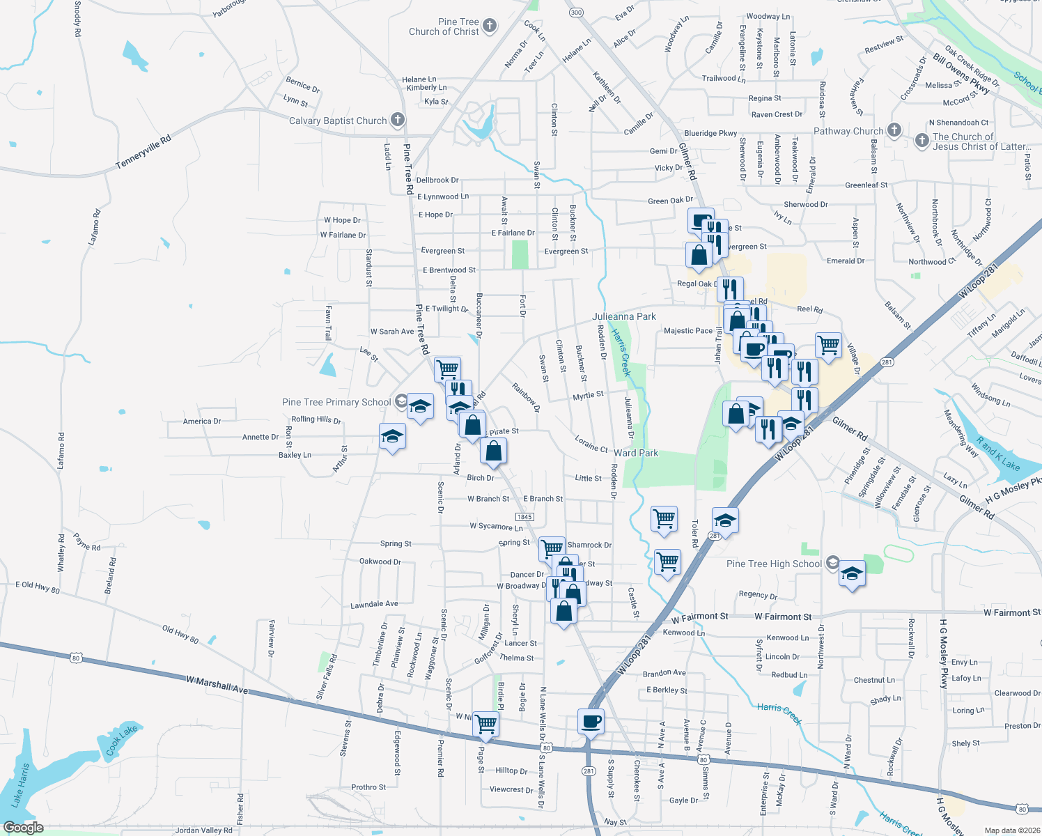 map of restaurants, bars, coffee shops, grocery stores, and more near 1702 Sunbeam Drive in Longview