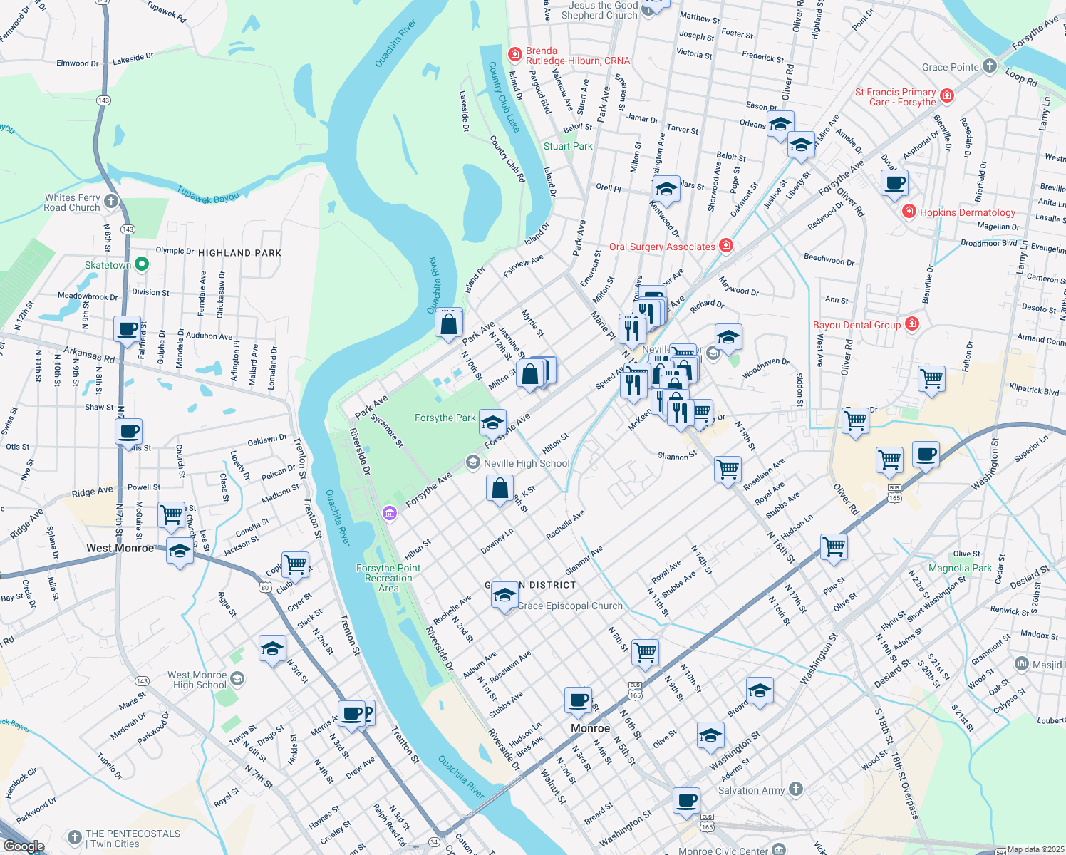 map of restaurants, bars, coffee shops, grocery stores, and more near 1007 Speed Avenue in Monroe