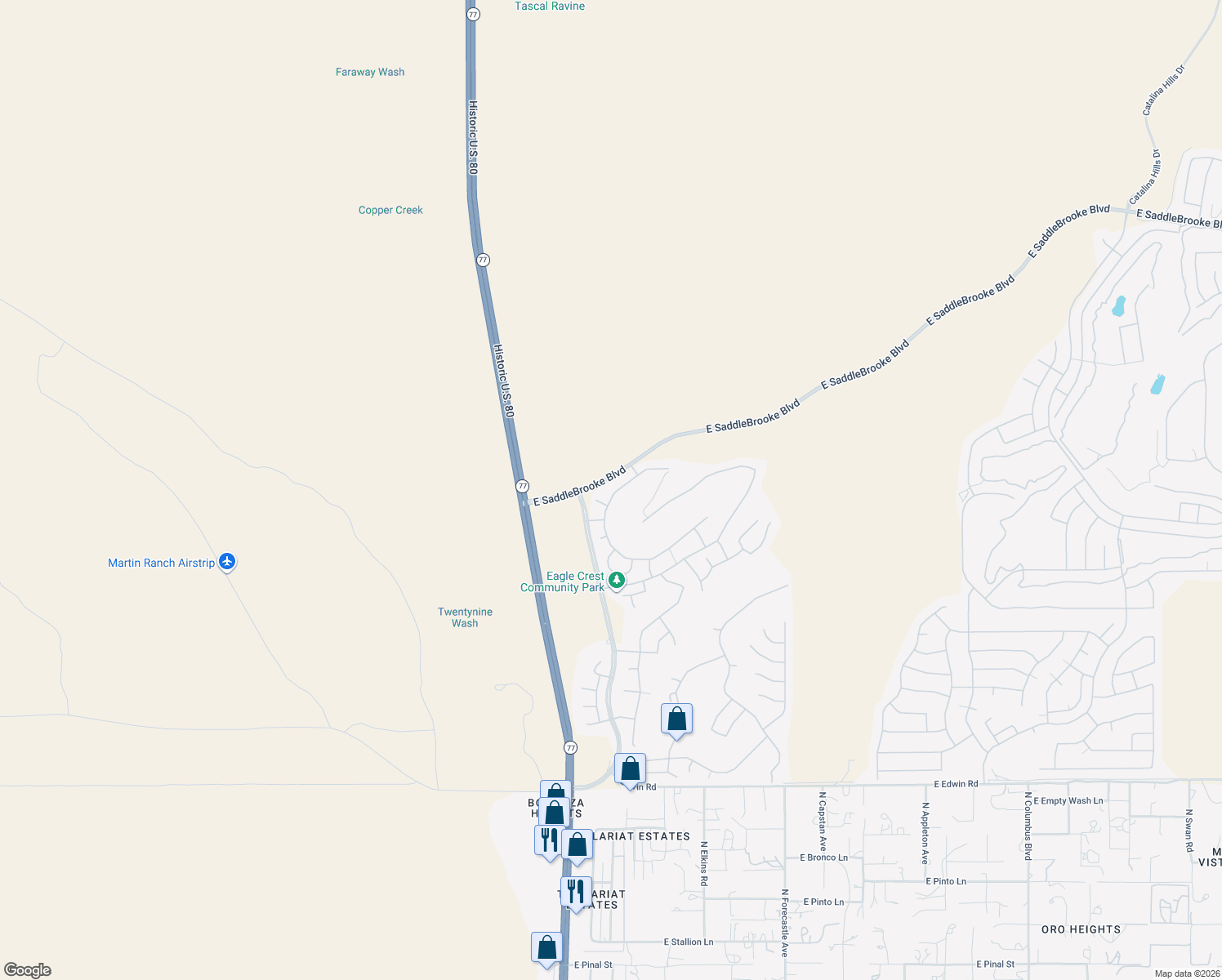 map of restaurants, bars, coffee shops, grocery stores, and more near 38754 South Running Roses Lane in Saddlebrooke