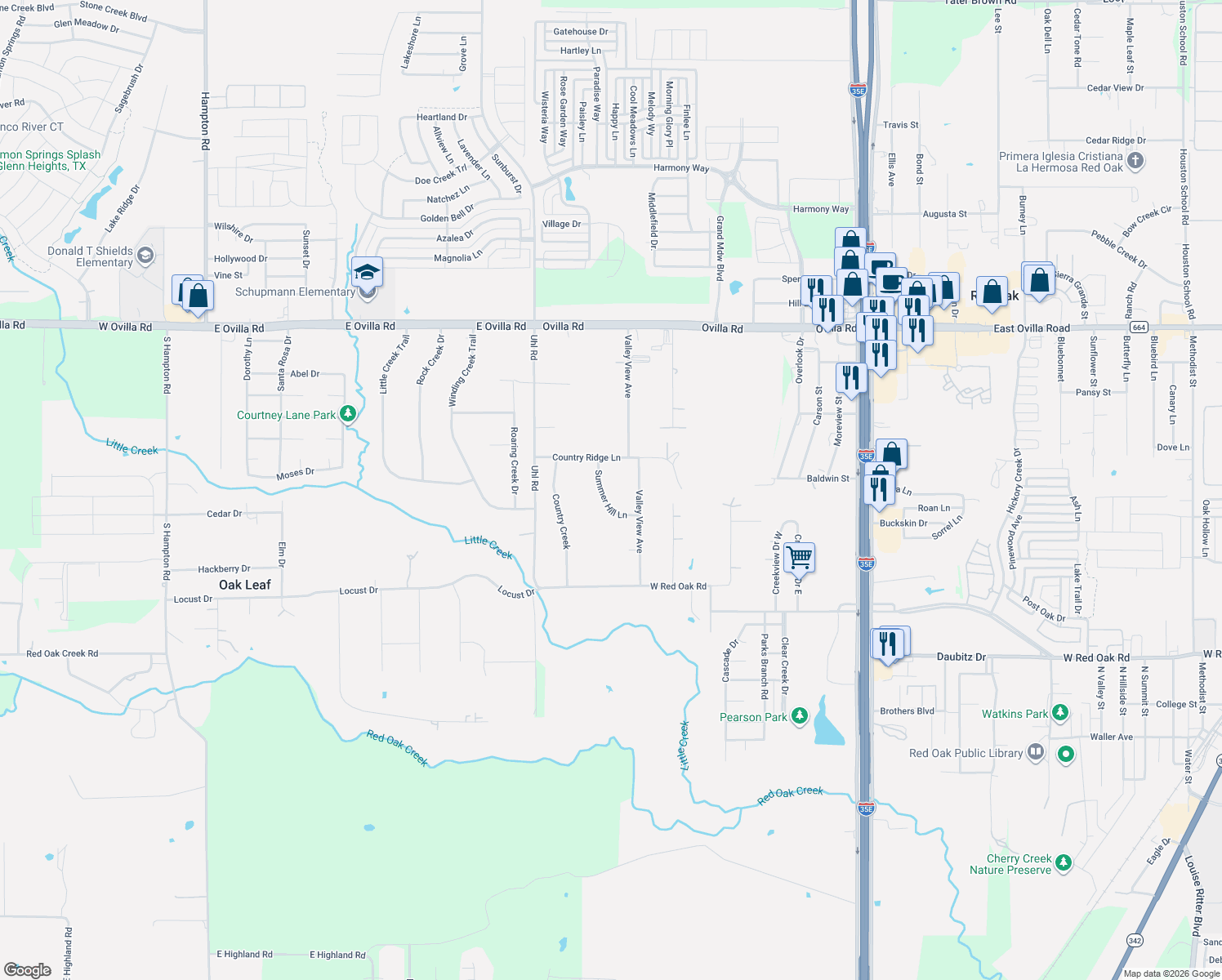 map of restaurants, bars, coffee shops, grocery stores, and more near 912 Summer Hill Ln in Red Oak