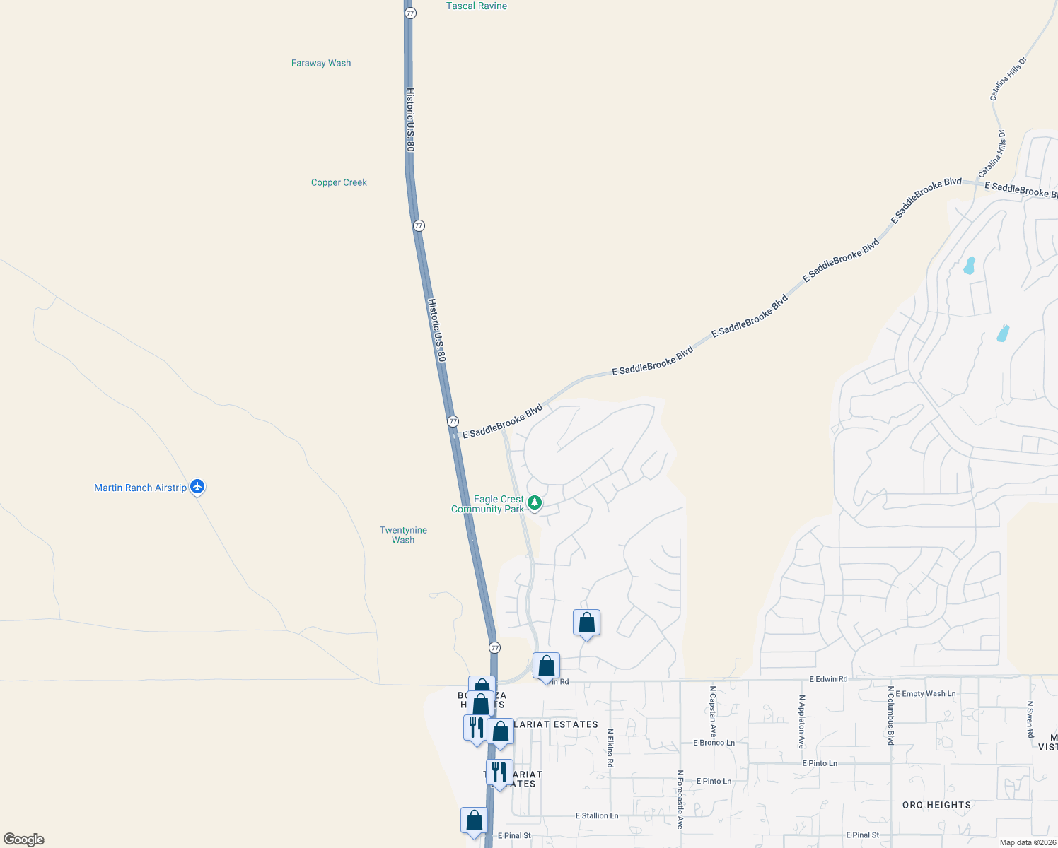 map of restaurants, bars, coffee shops, grocery stores, and more near 38754 South Running Roses Lane in Saddlebrooke