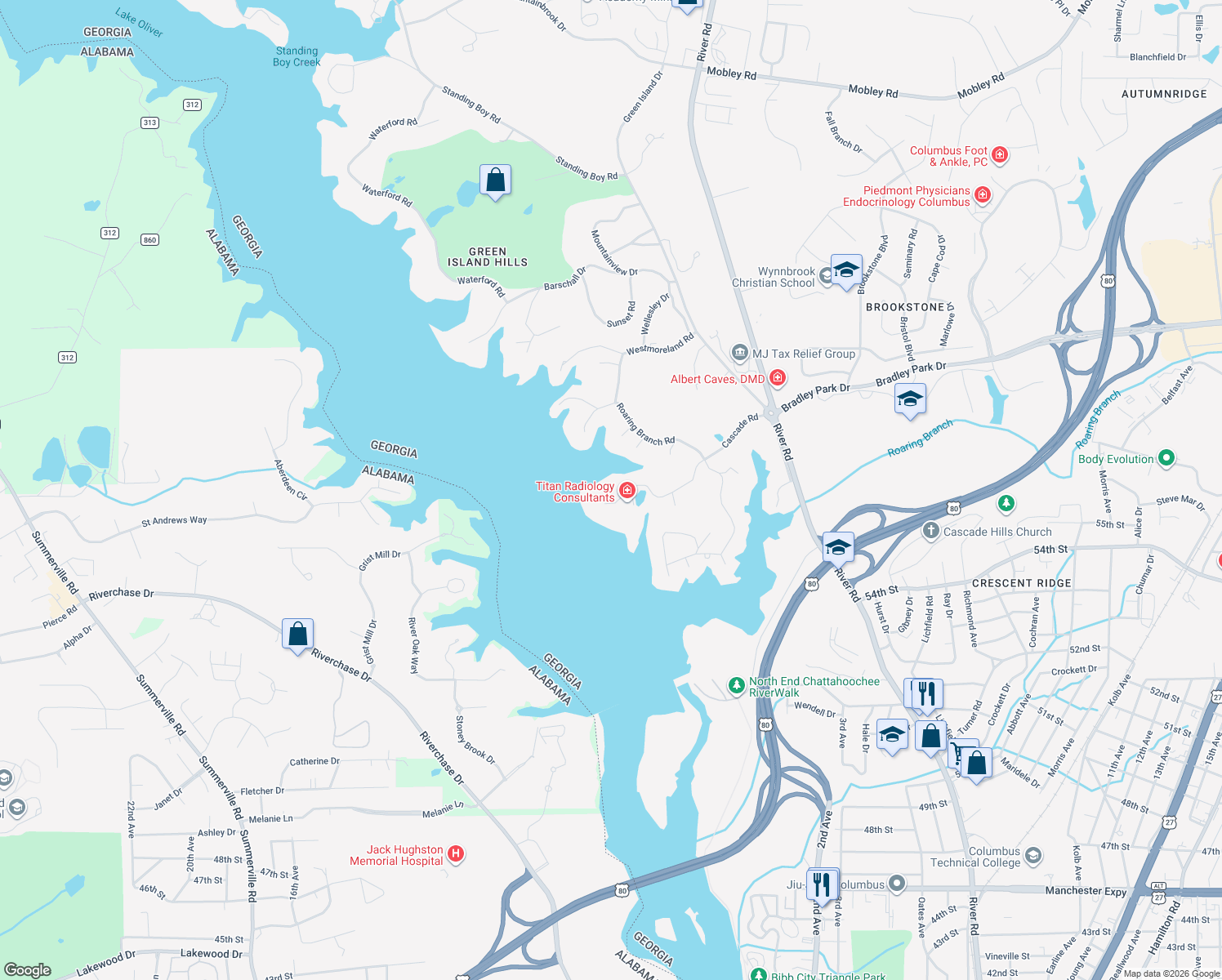 map of restaurants, bars, coffee shops, grocery stores, and more near 313 Cascade Rd in Columbus