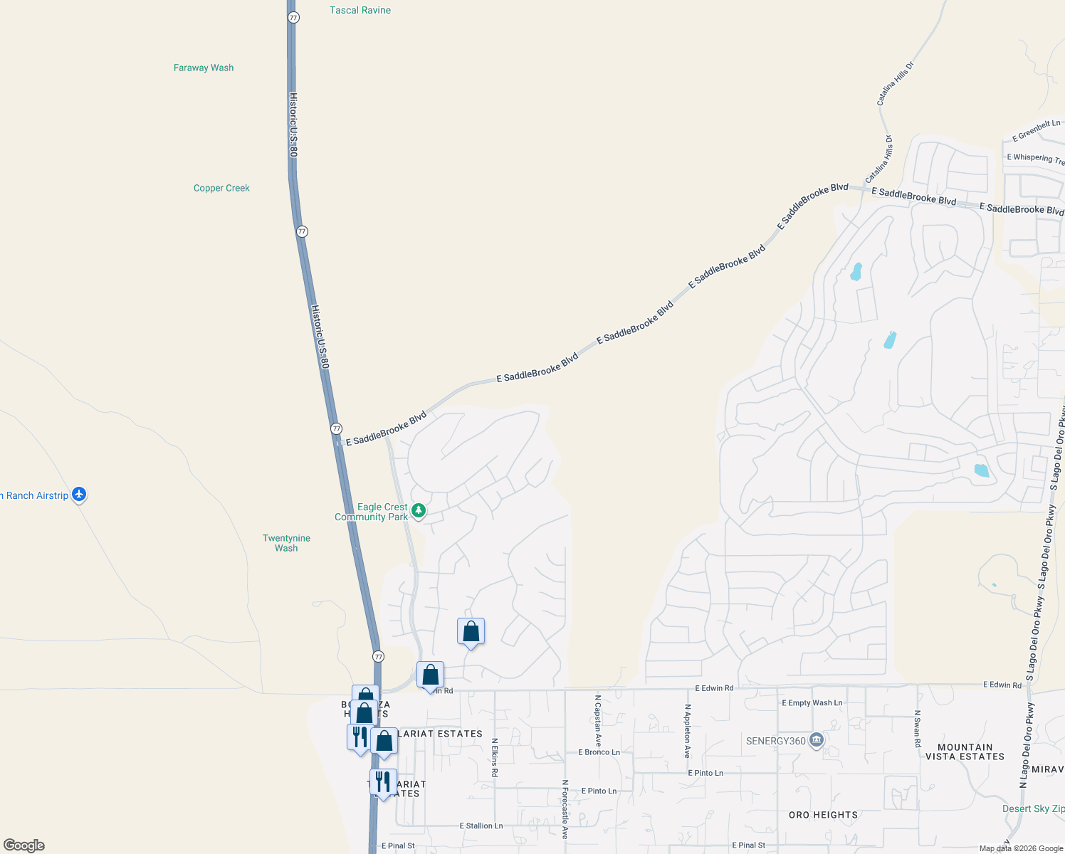 map of restaurants, bars, coffee shops, grocery stores, and more near 60958 Eagle Mountain Drive in Tucson