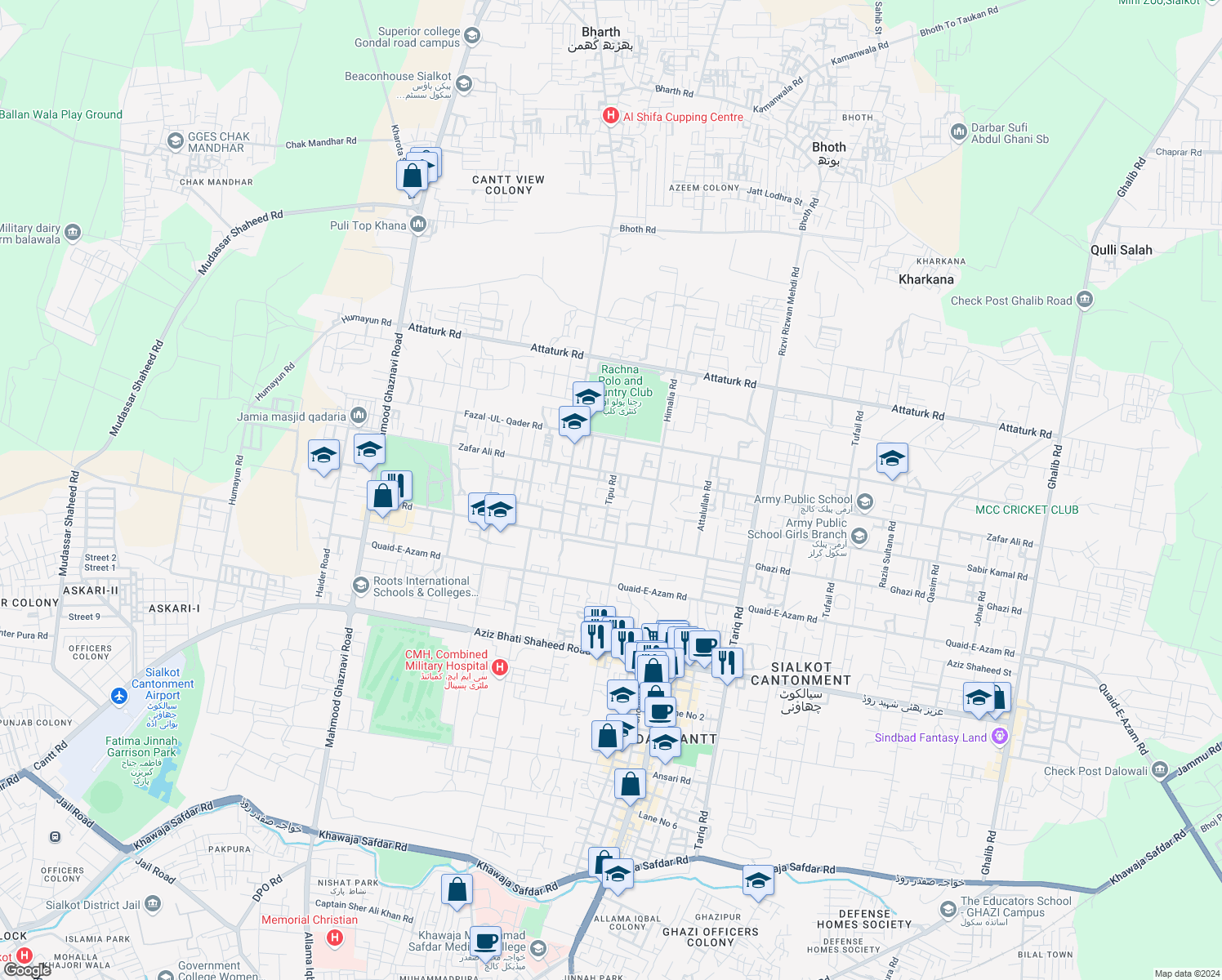 map of restaurants, bars, coffee shops, grocery stores, and more near Tipu Road in Sialkot