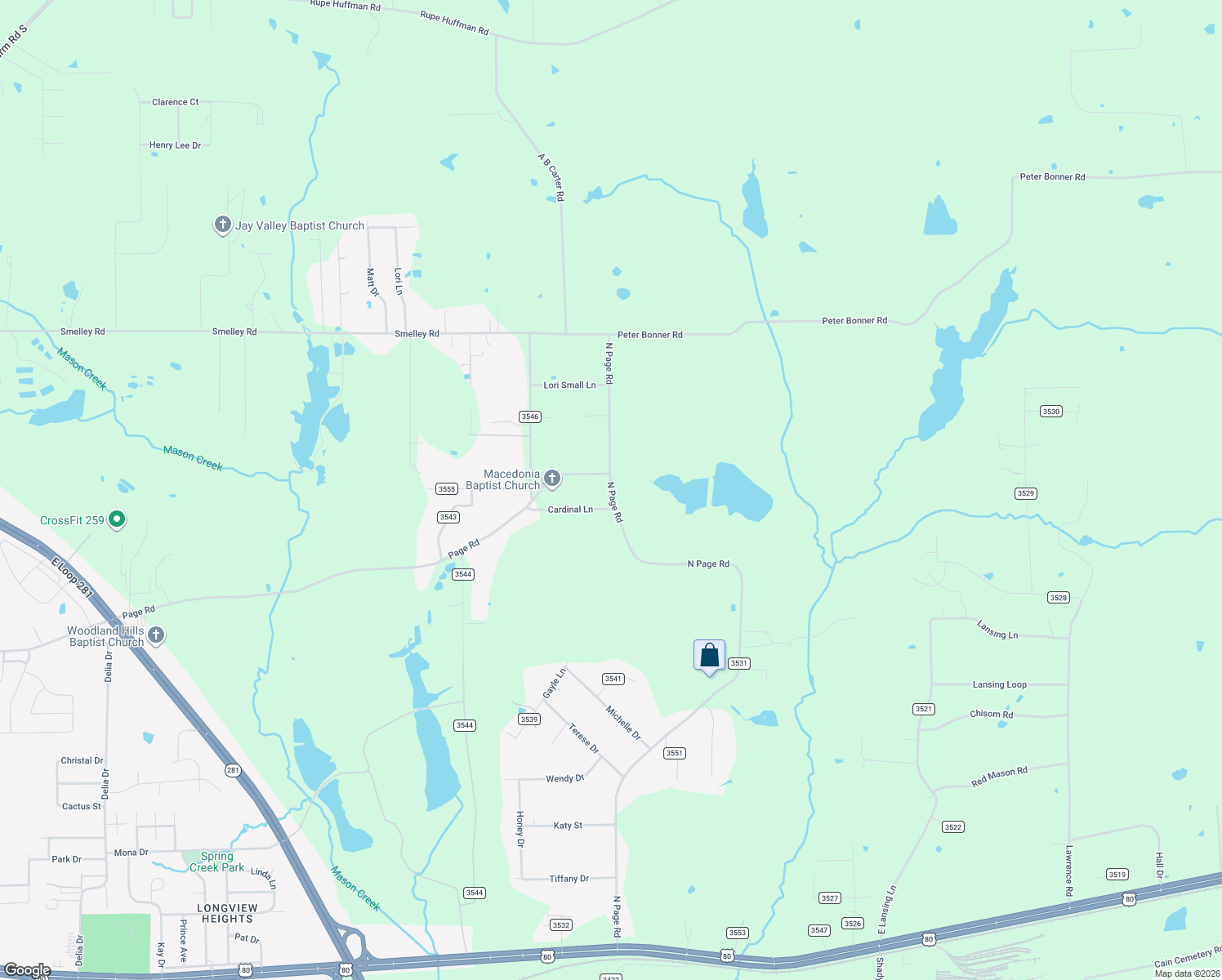 map of restaurants, bars, coffee shops, grocery stores, and more near 2155 North Page Road in Longview
