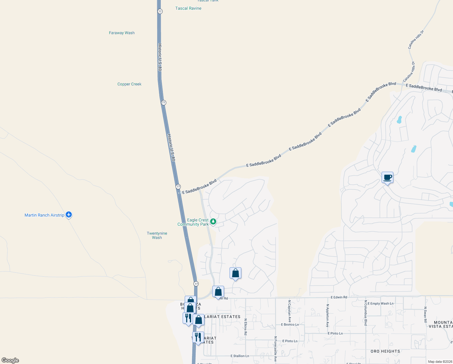 map of restaurants, bars, coffee shops, grocery stores, and more near 38664 South Running Roses Lane in Saddlebrooke