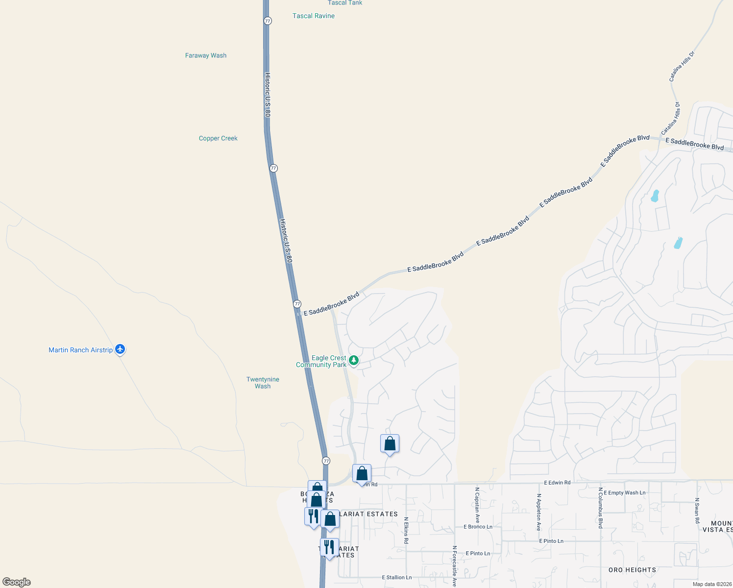 map of restaurants, bars, coffee shops, grocery stores, and more near 38664 South Running Roses Lane in Saddlebrooke