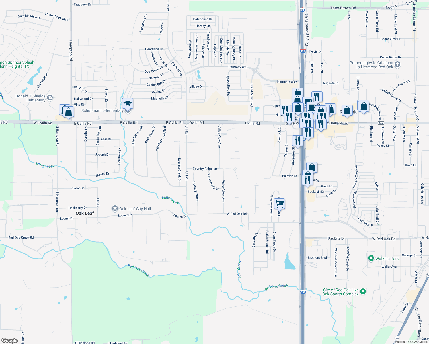 map of restaurants, bars, coffee shops, grocery stores, and more near 417 Country Ridge Ln in Red Oak