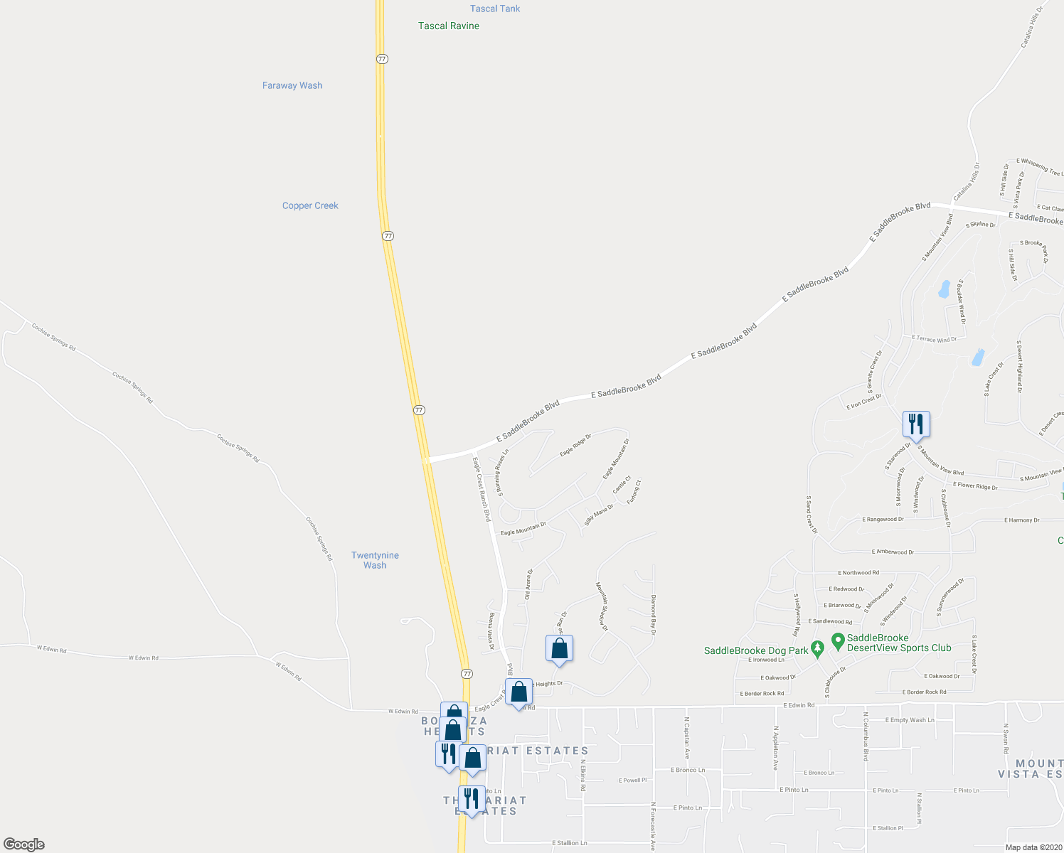 map of restaurants, bars, coffee shops, grocery stores, and more near 38664 South Running Roses Lane in Saddlebrooke