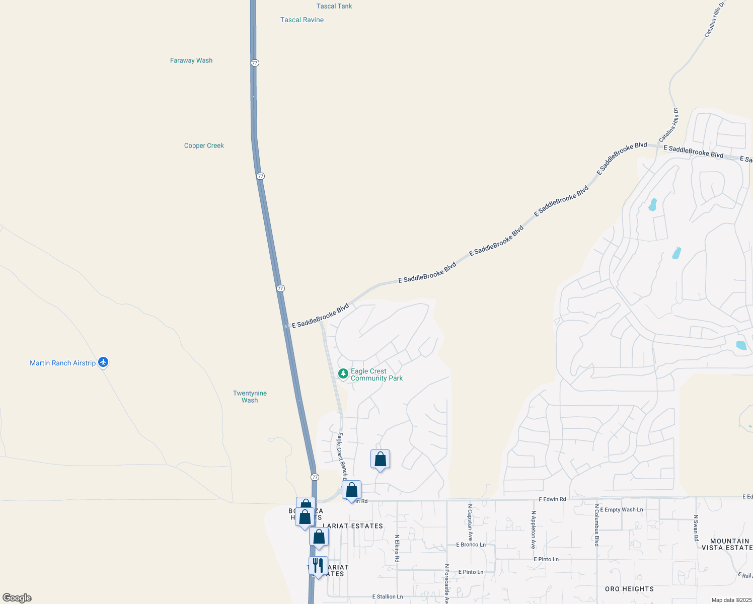 map of restaurants, bars, coffee shops, grocery stores, and more near 38628 South Running Roses Lane in Saddlebrooke