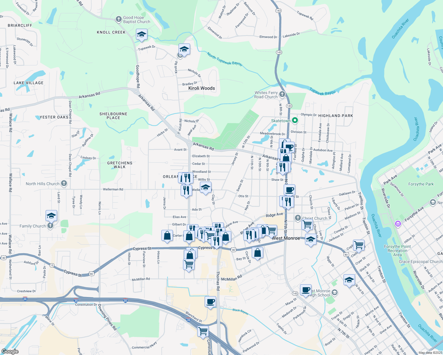 map of restaurants, bars, coffee shops, grocery stores, and more near 1408 Willis St in West Monroe