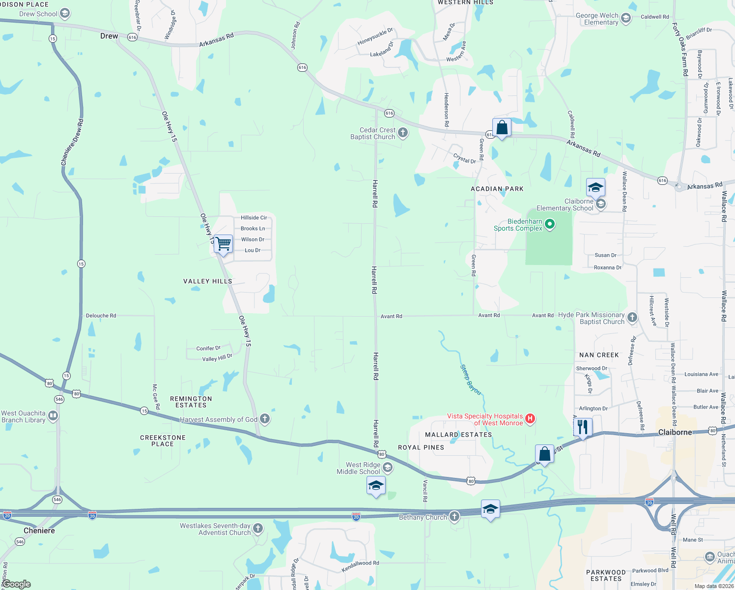 map of restaurants, bars, coffee shops, grocery stores, and more near 515 Harrell Road in West Monroe