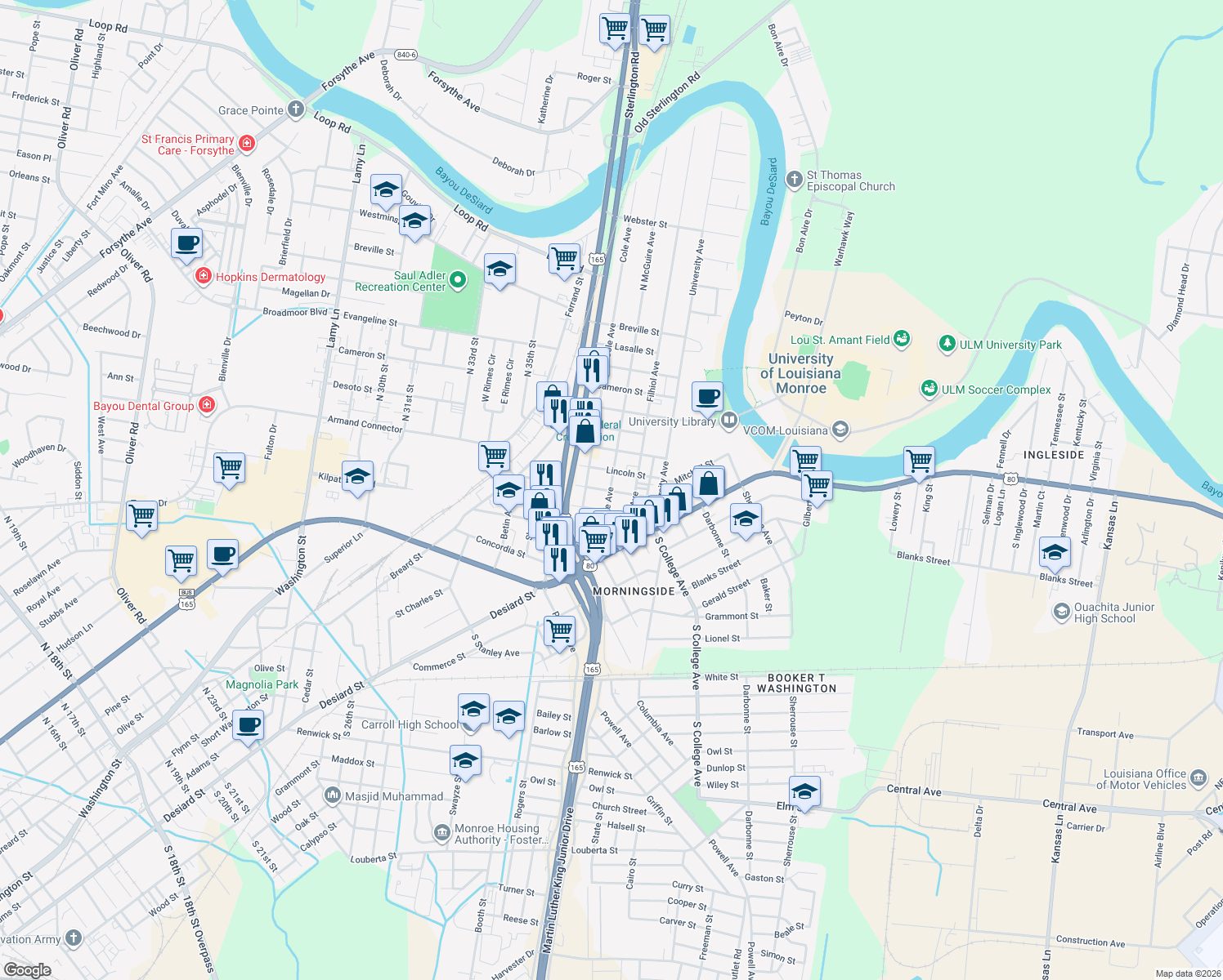 map of restaurants, bars, coffee shops, grocery stores, and more near 3498 Armand St in Monroe