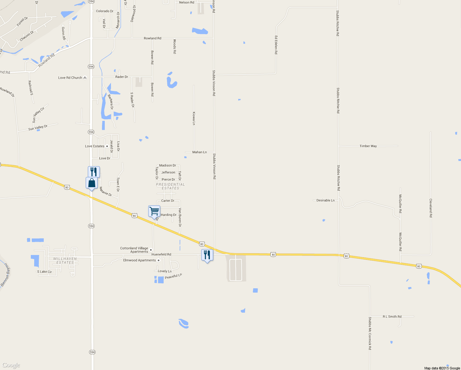 map of restaurants, bars, coffee shops, grocery stores, and more near 374 Stubbs Vinson Rd in Monroe