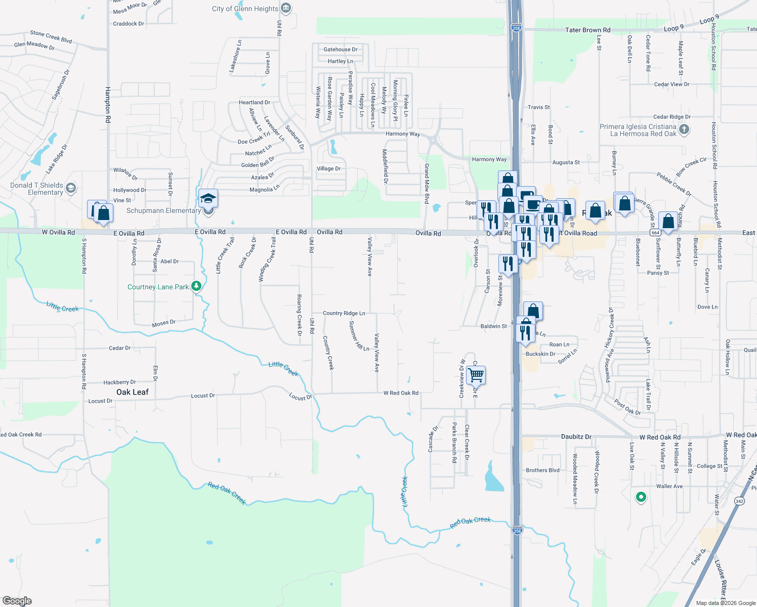 map of restaurants, bars, coffee shops, grocery stores, and more near 424 Country Ridge Lane in Red Oak