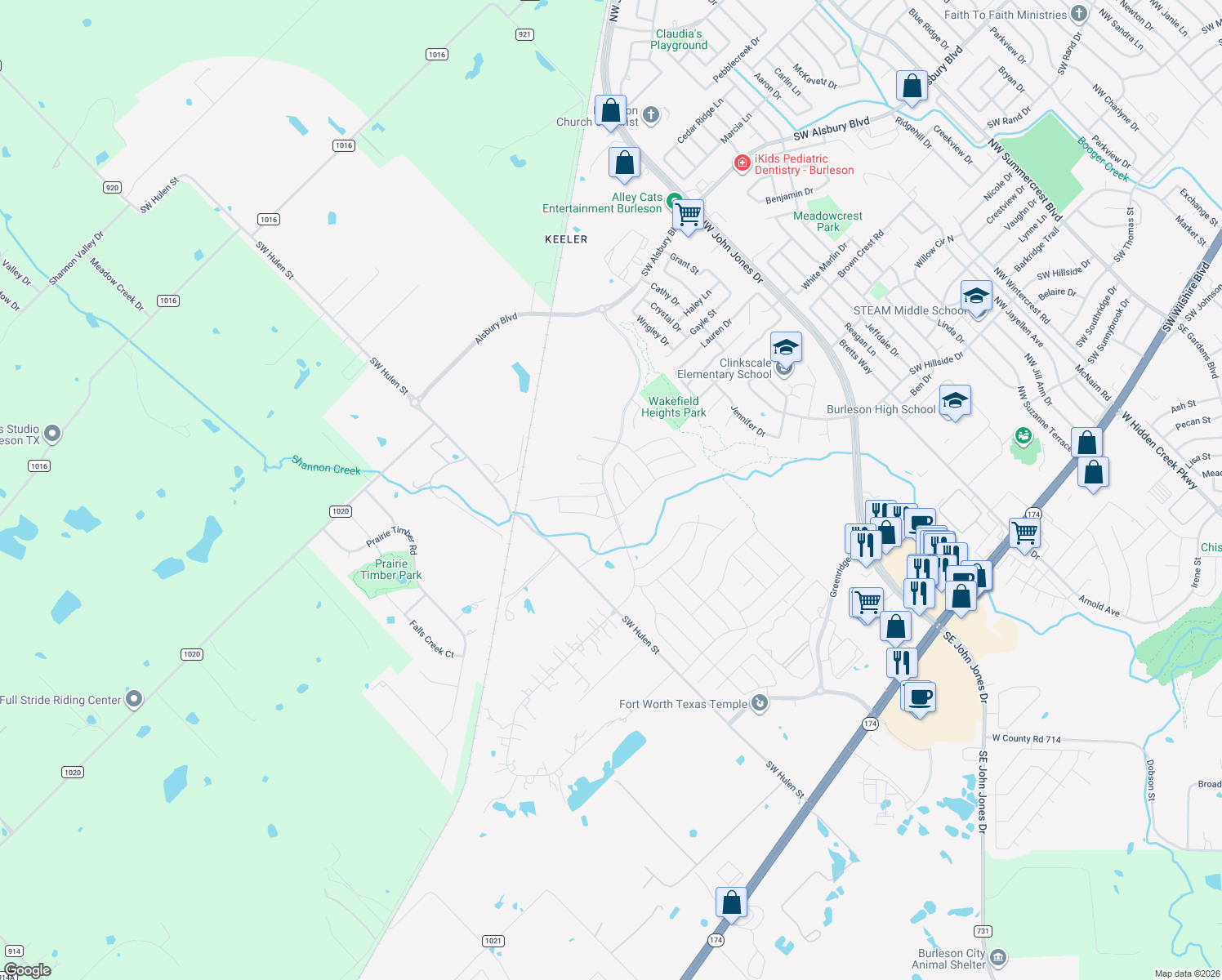 map of restaurants, bars, coffee shops, grocery stores, and more near 1733 Candler Drive in Burleson