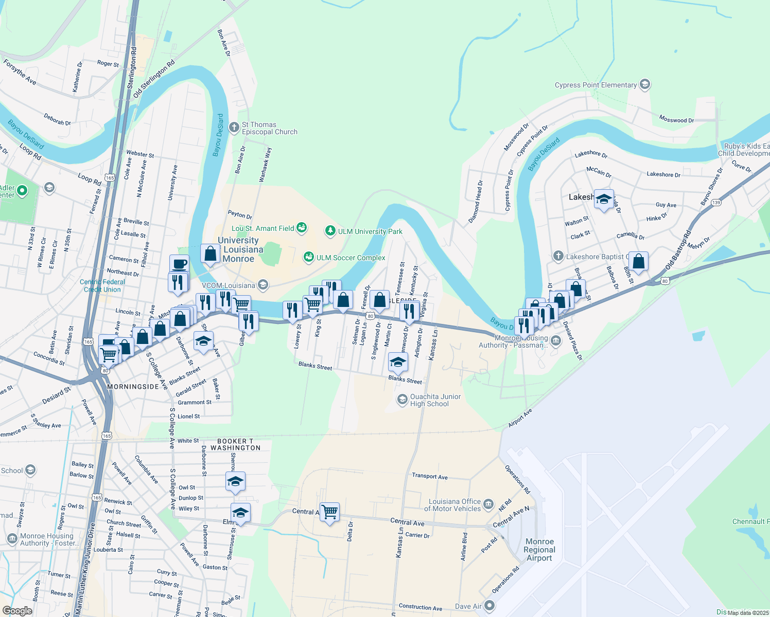 map of restaurants, bars, coffee shops, grocery stores, and more near 100 North Inglewood Drive in Monroe