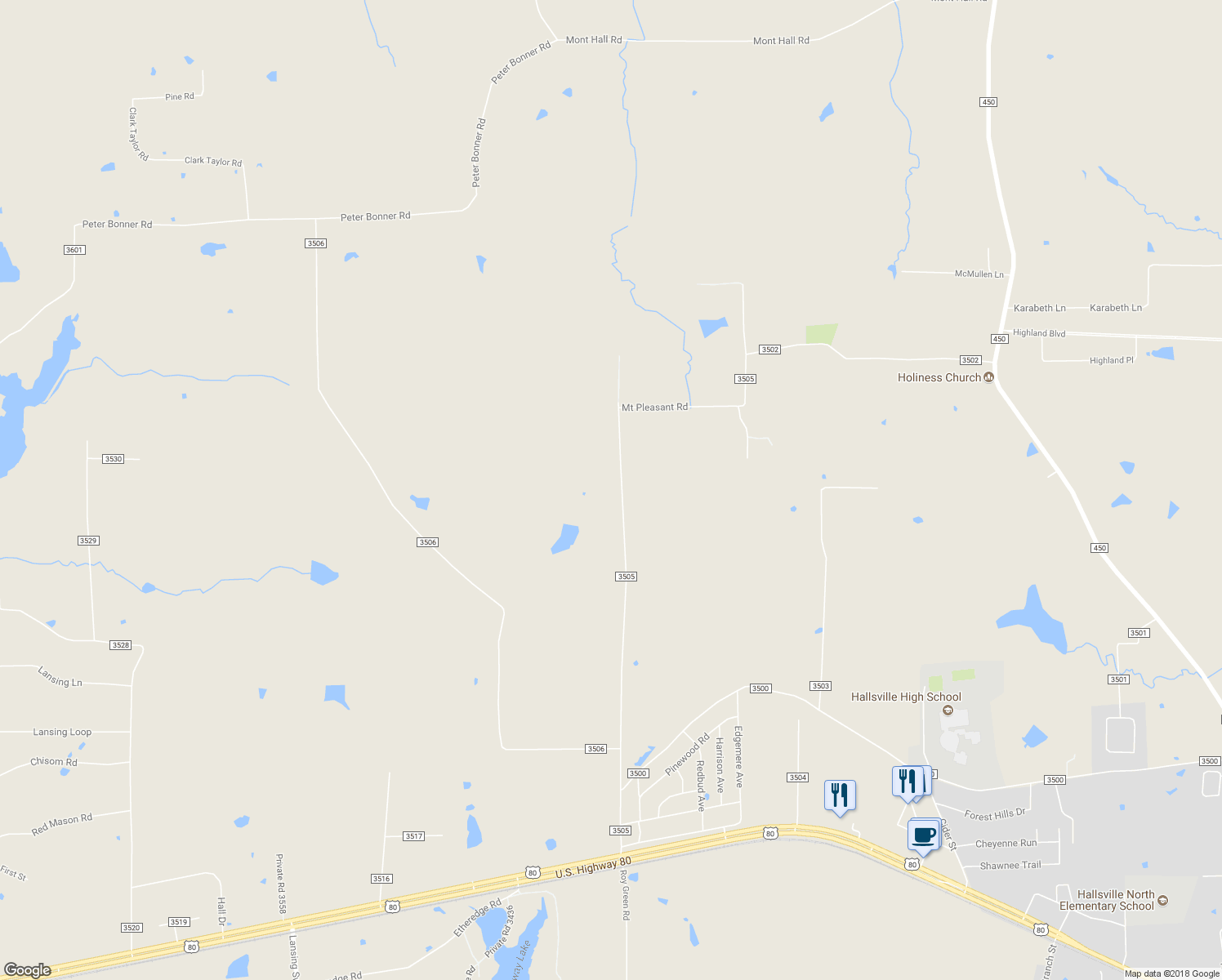 map of restaurants, bars, coffee shops, grocery stores, and more near 1215 Mount Pleasant Road in Hallsville