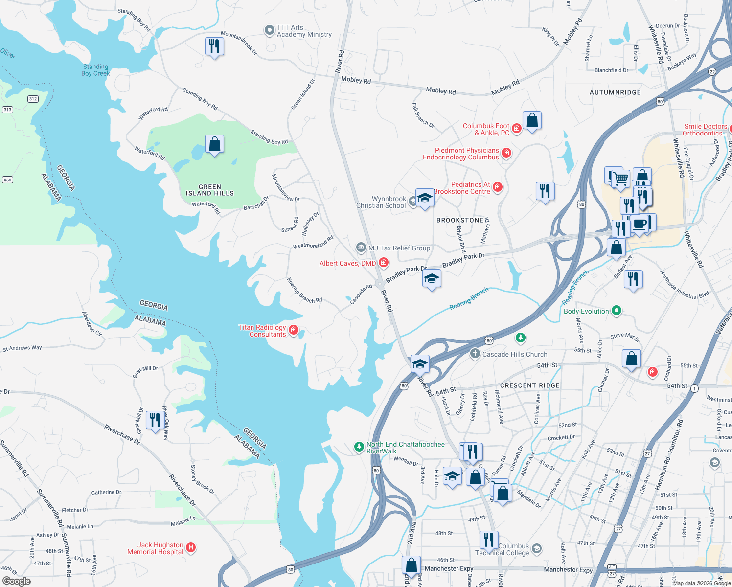 map of restaurants, bars, coffee shops, grocery stores, and more near 6 Cascade Road in Columbus