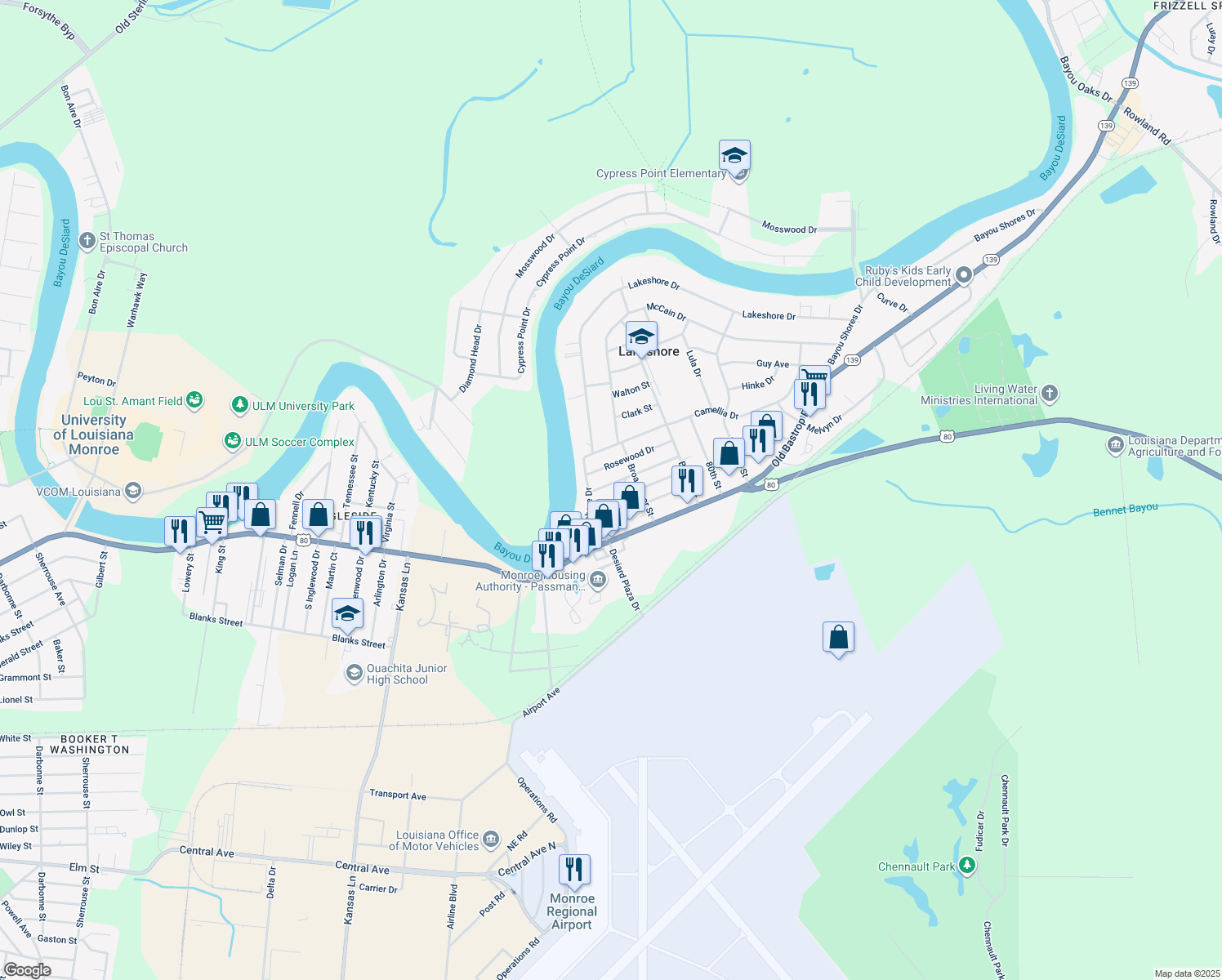 map of restaurants, bars, coffee shops, grocery stores, and more near 106 Azalea Dr in Monroe