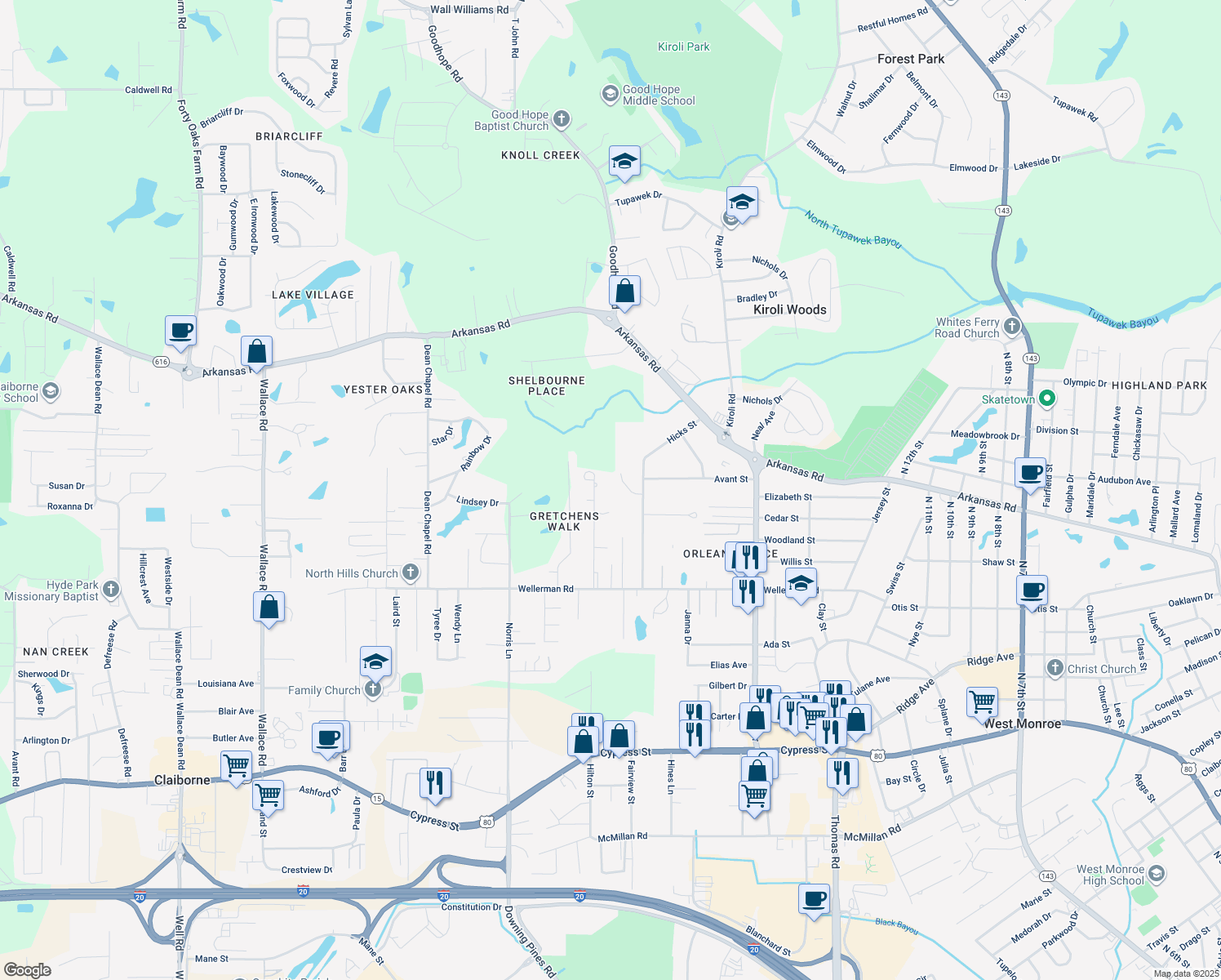 map of restaurants, bars, coffee shops, grocery stores, and more near 1009 Hicks St in West Monroe