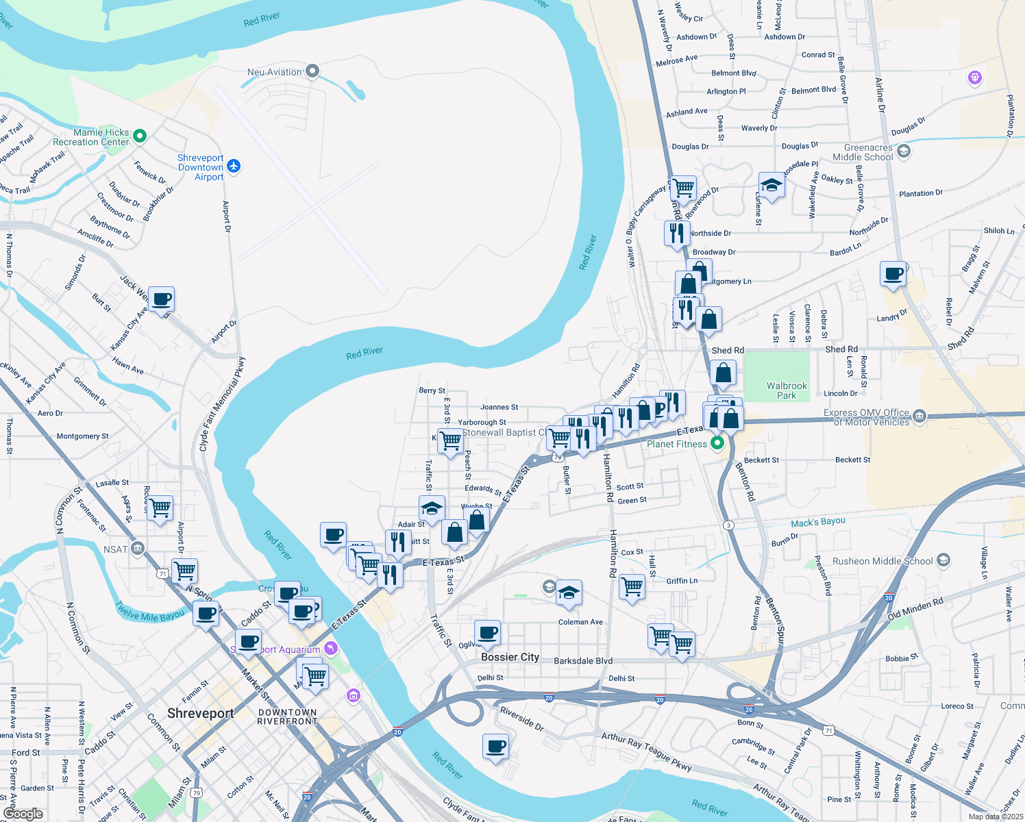 map of restaurants, bars, coffee shops, grocery stores, and more near 634 Joannes Street in Bossier City