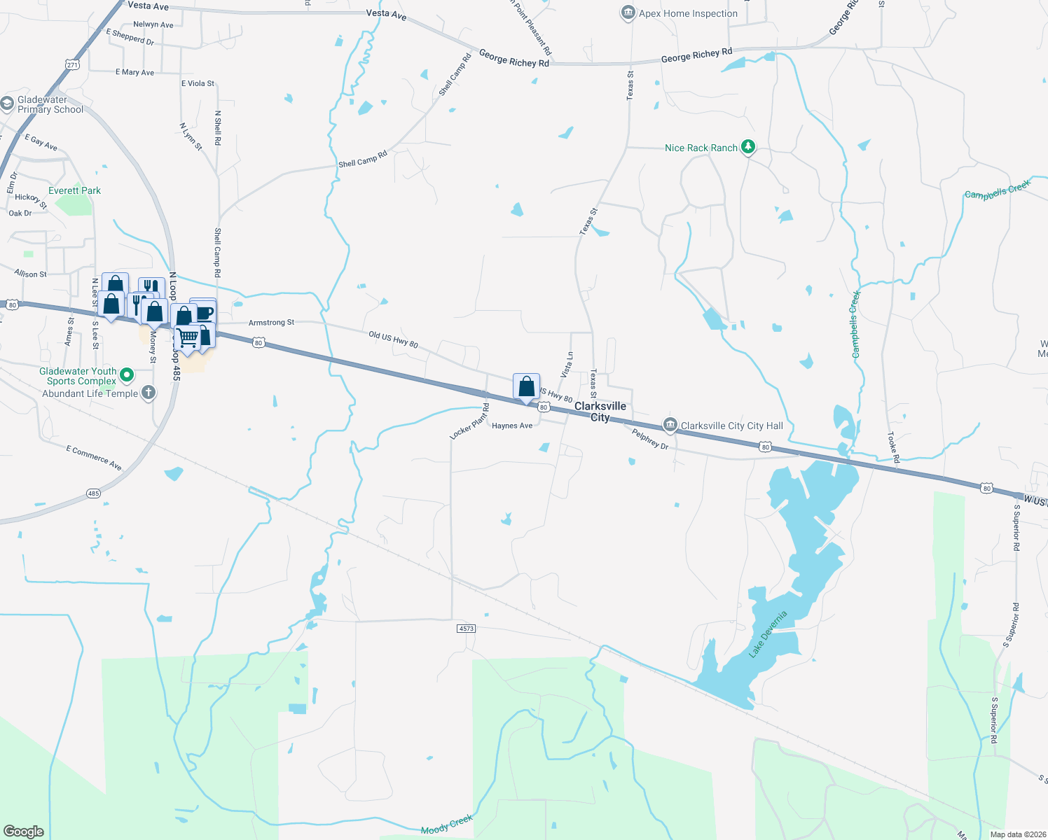 map of restaurants, bars, coffee shops, grocery stores, and more near 216 Haynes Ave in Gladewater