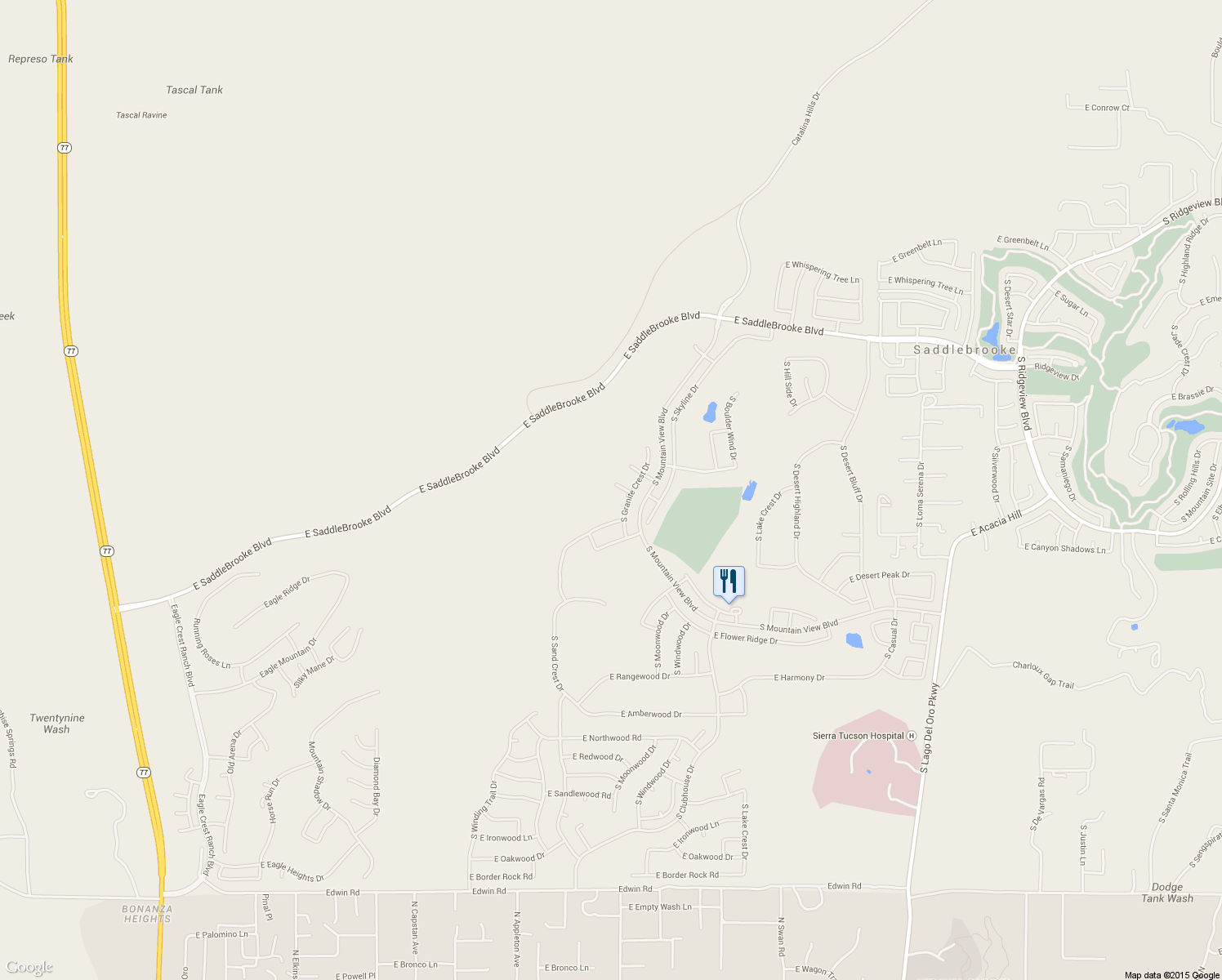 map of restaurants, bars, coffee shops, grocery stores, and more near 62273 East Moon Crest Court in Tucson