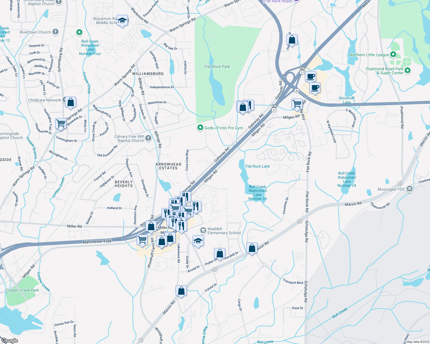 map of restaurants, bars, coffee shops, grocery stores, and more near 5784 Milgen Road in Columbus