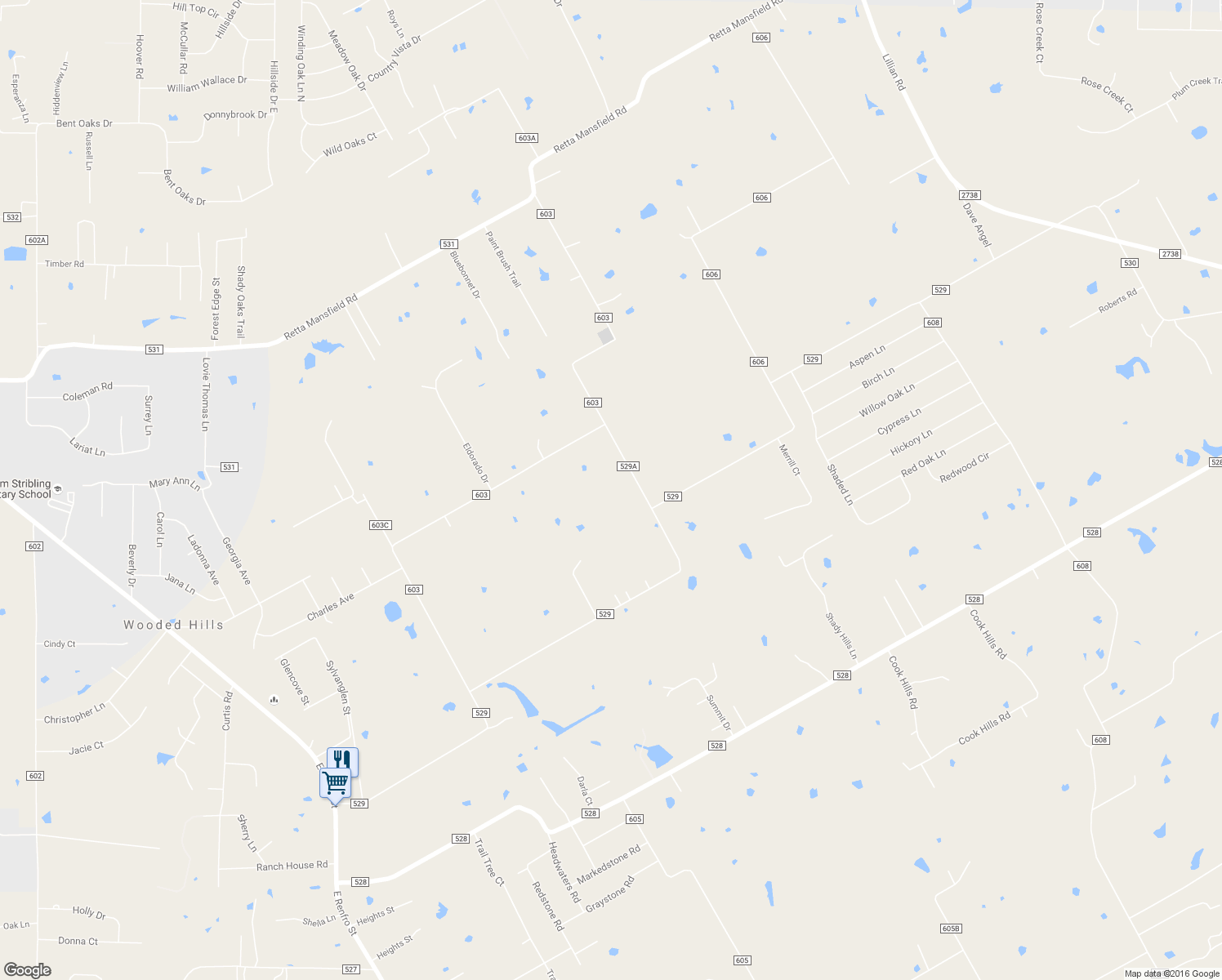 map of restaurants, bars, coffee shops, grocery stores, and more near 9717 County Road 529A in Burleson